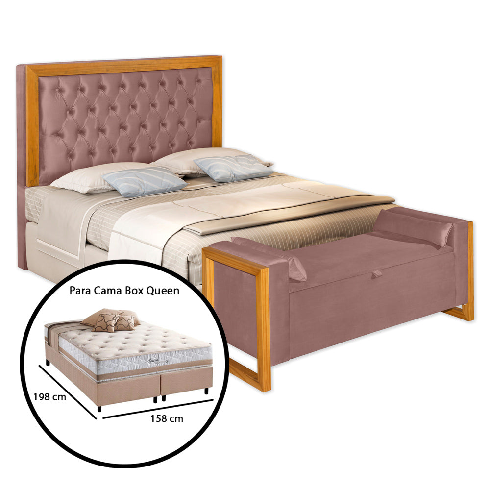 Conjunto Imperial Para Cama Box Queen 160 cm Cabeceira com Recamier Baú Estrutura em Madeira com Pés Detalhe Capitonê Europeu - LH Móveis