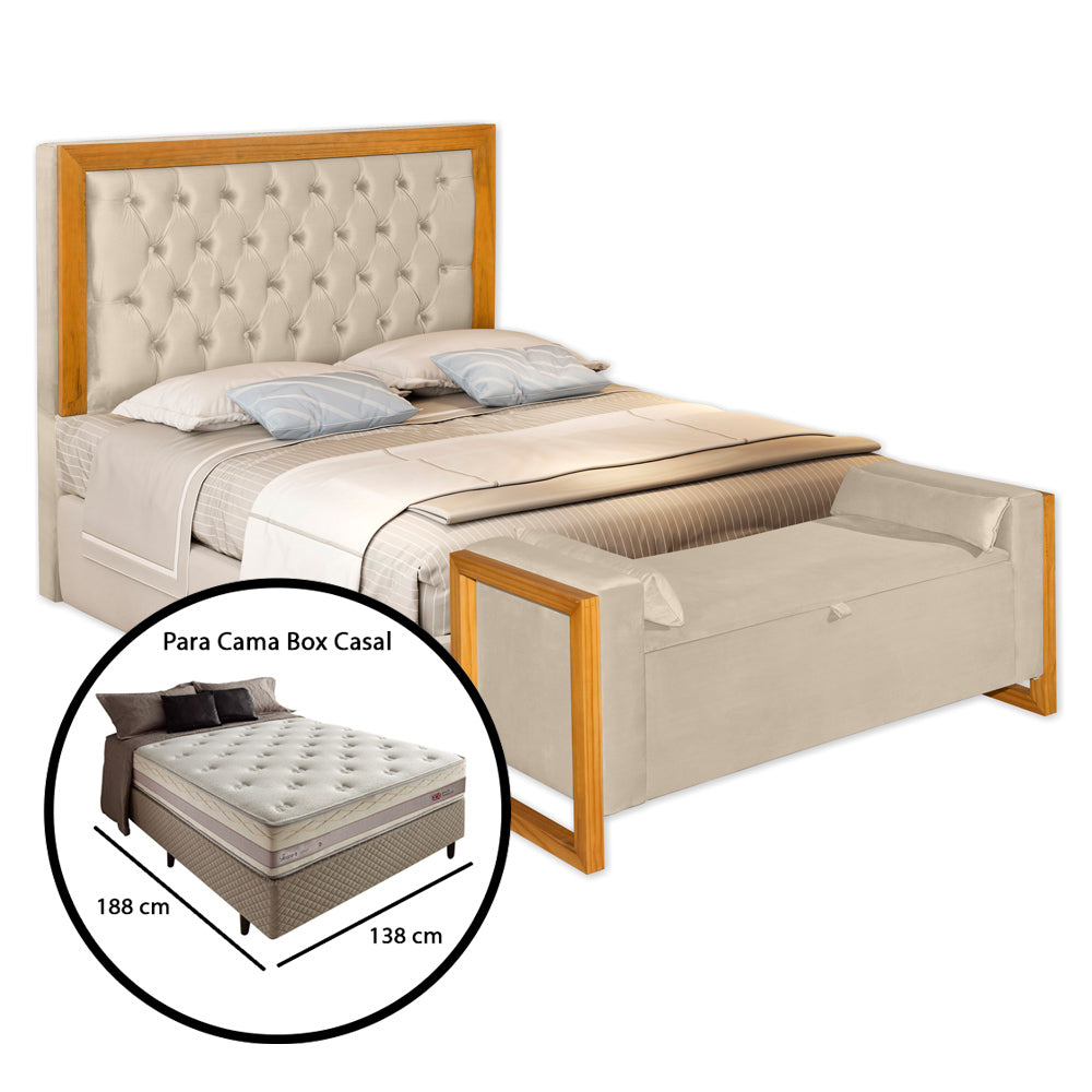 Conjunto Para Cama Box Casal 140cm Cabeceira com Recamier Baú Imperial Capitonê Moldura em Madeira - LH Móveis