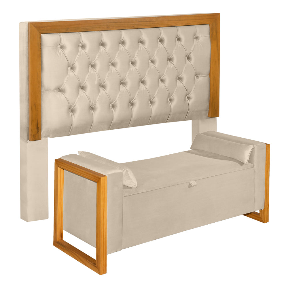 Conjunto Imperial Para Cama Box Queen 160 cm Cabeceira com Recamier Baú Estrutura em Madeira com Pés Detalhe Capitonê Europeu - LH Móveis