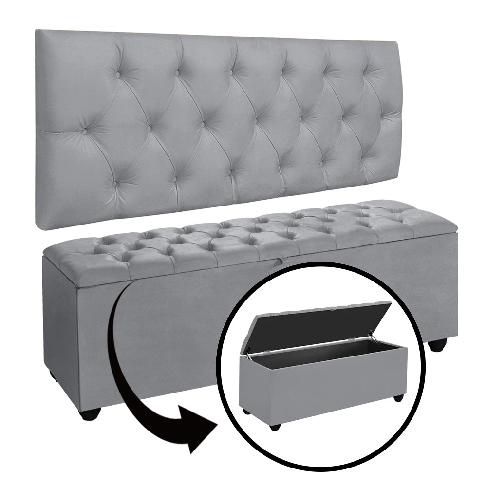Conjunto Estofado Intense Para Cama Casal 140cm Cabeceira Com Recamier Baú Detalhe Capitonê - LH Móveis