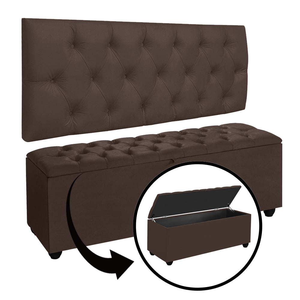 Conjunto Estofado Intense Cabeceira Com Recamier Baú Detalhe Capitonê Para Cama King 195cm - LH Móveis