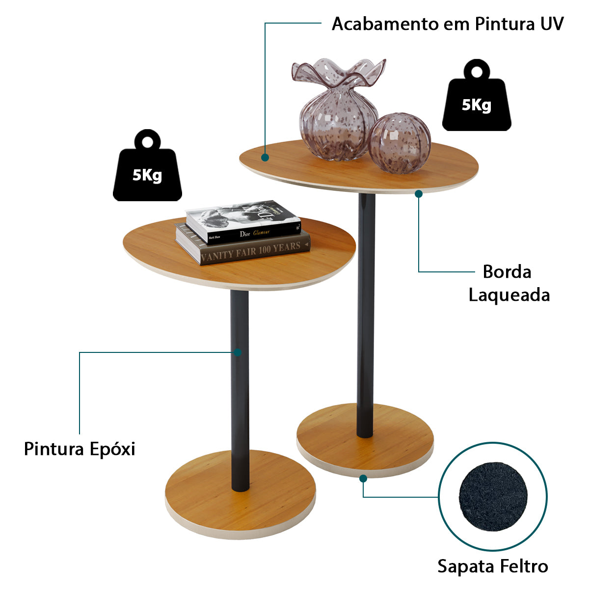 Conjunto 2 Mesas Laterais Design Vitta Orgânico Haste em Aço Preto para Decoração Apoio - LH Móveis