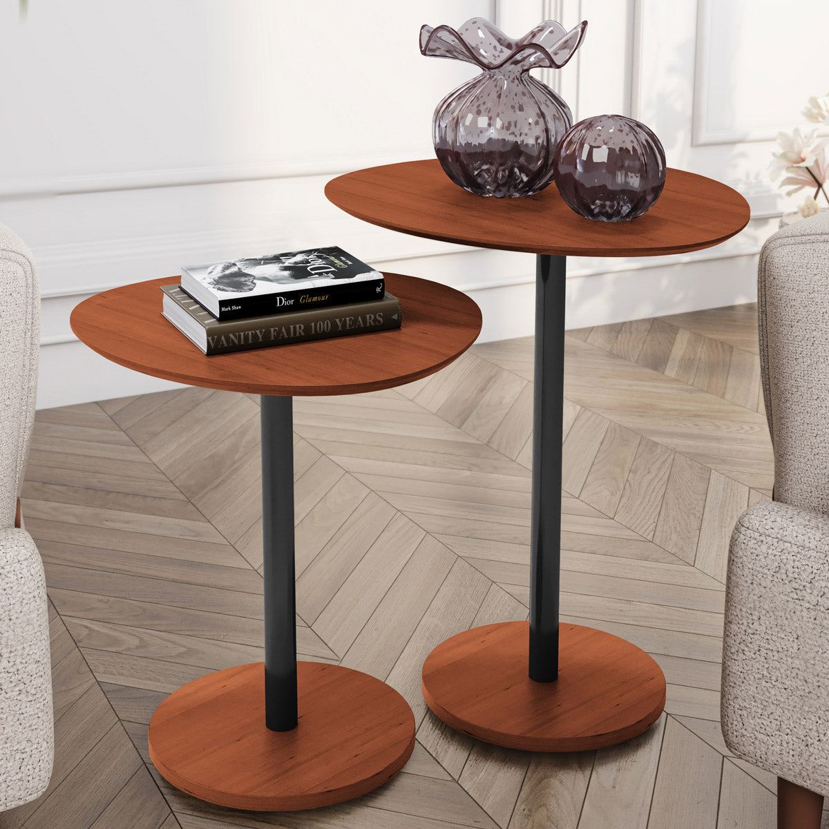 Conjunto 2 Mesas Laterais Design Vitta Orgânico Haste em Aço Preto para Decoração Apoio - LH Móveis