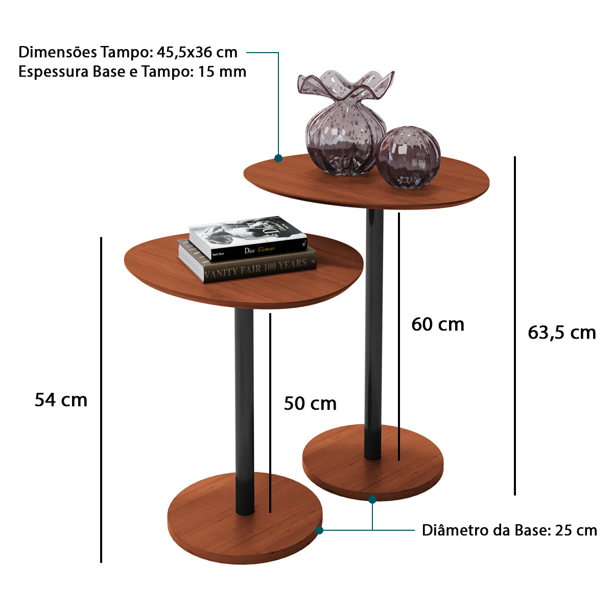 Conjunto 2 Mesas Laterais Design Vitta Orgânico Haste em Aço Preto para Decoração Apoio - LH Móveis