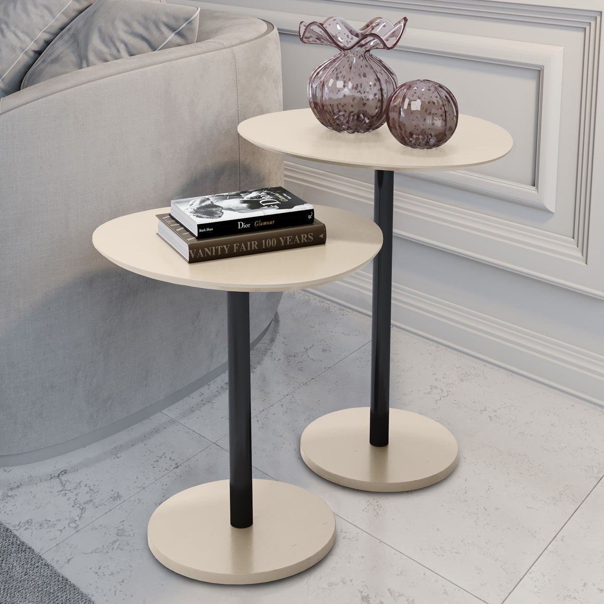 Conjunto 2 Mesas Laterais Design Vitta Orgânico Haste em Aço Preto para Decoração Apoio - LH Móveis