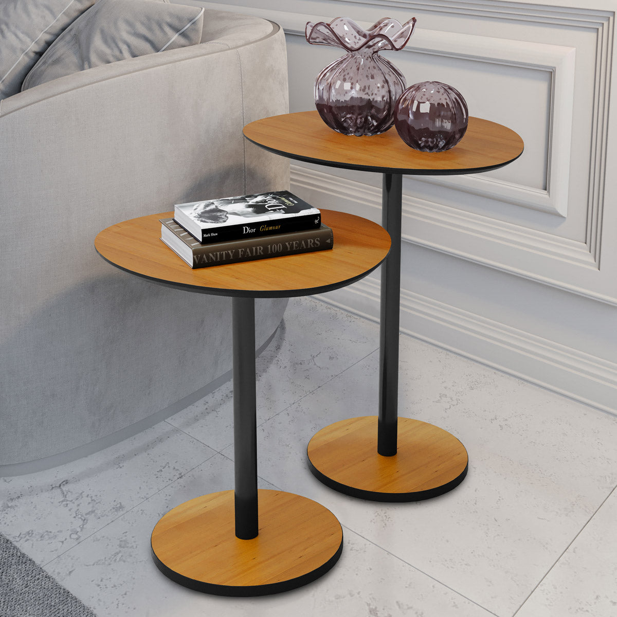 Conjunto 2 Mesas Laterais Design Vitta Orgânico Haste em Aço Preto para Decoração Apoio - LH Móveis