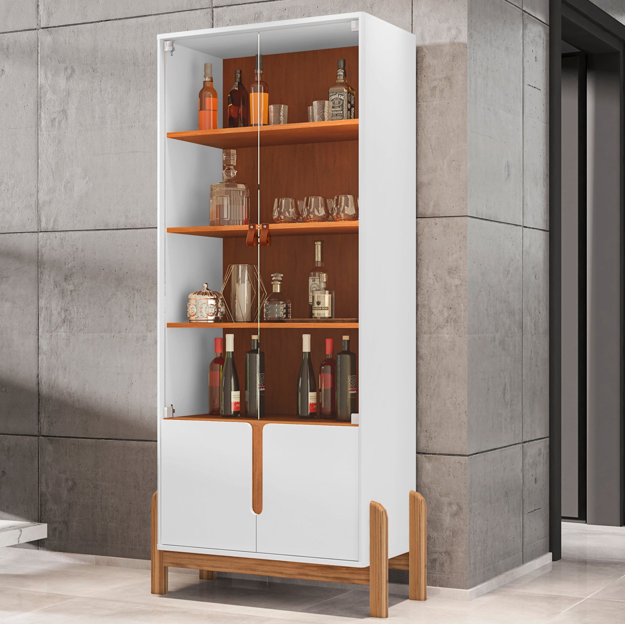 Cristaleira Lizz com Base de Madeira 4 Prateleiras Portas de Vidro com Puxador em Couro Ecológico - LH Móveis