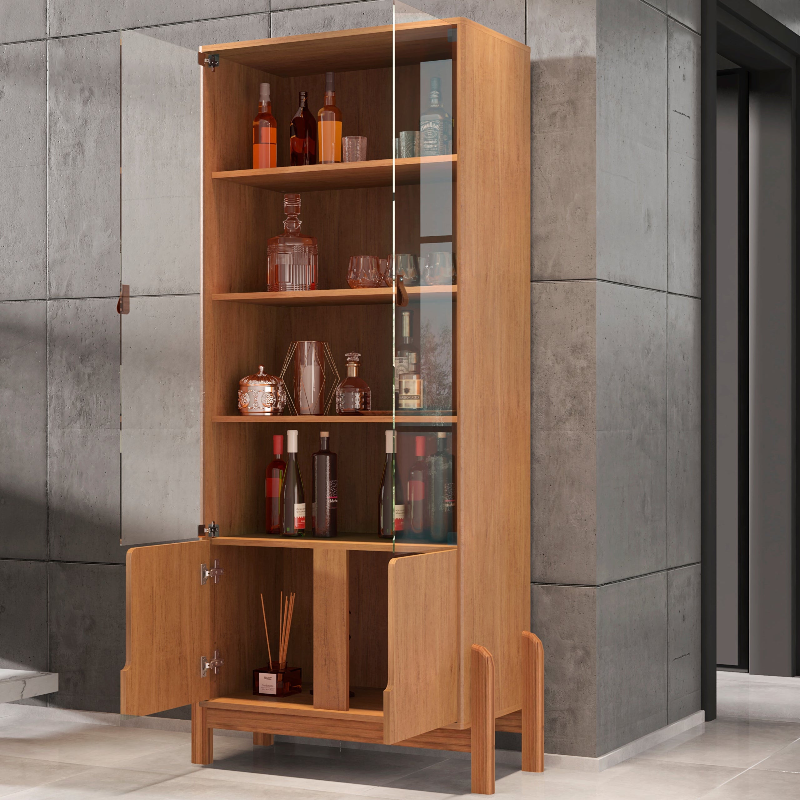 Cristaleira Lizz com Base de Madeira 4 Prateleiras Portas de Vidro com Puxador em Couro Ecológico - LH Móveis