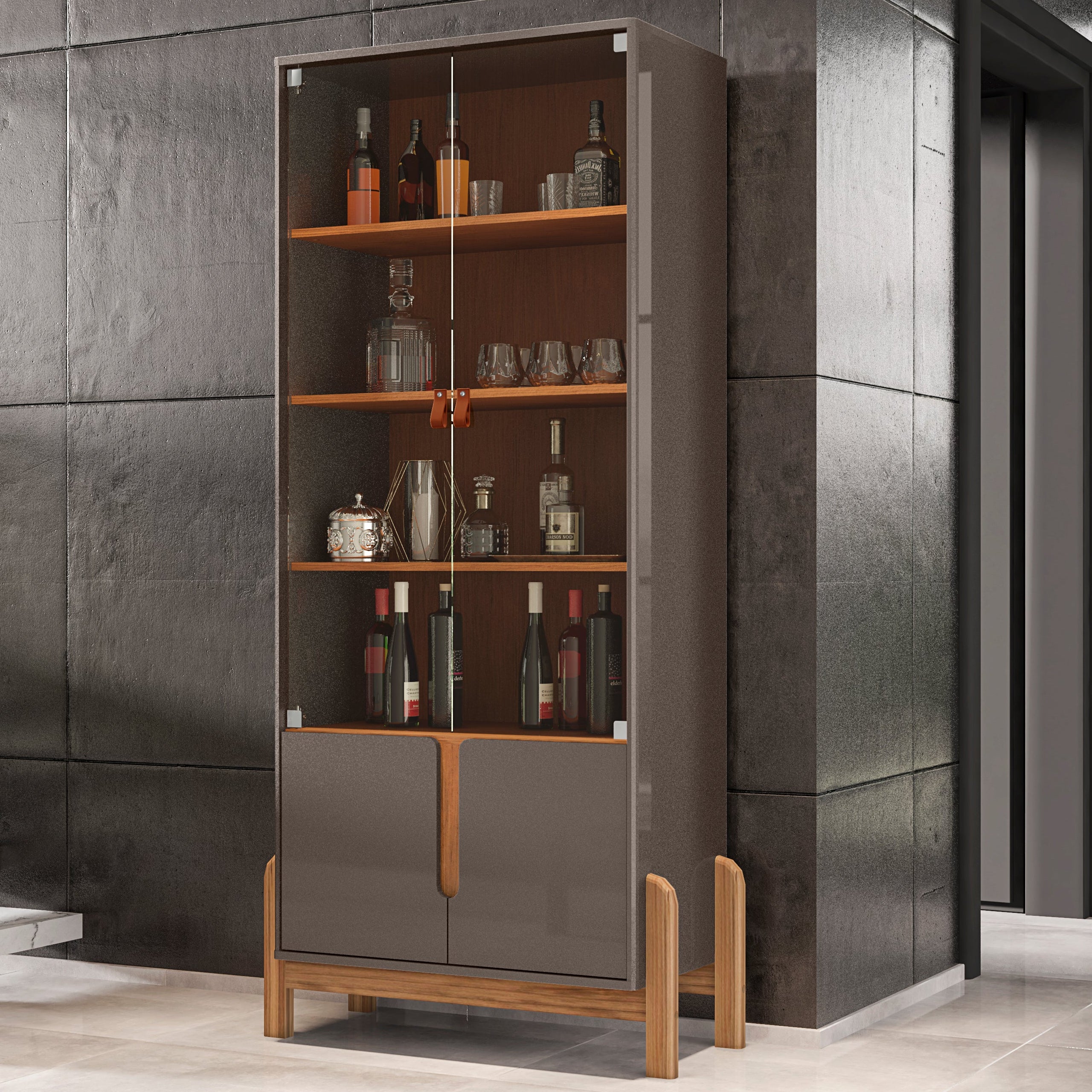 Cristaleira Lizz com Base de Madeira 4 Prateleiras Portas de Vidro com Puxador em Couro Ecológico - LH Móveis