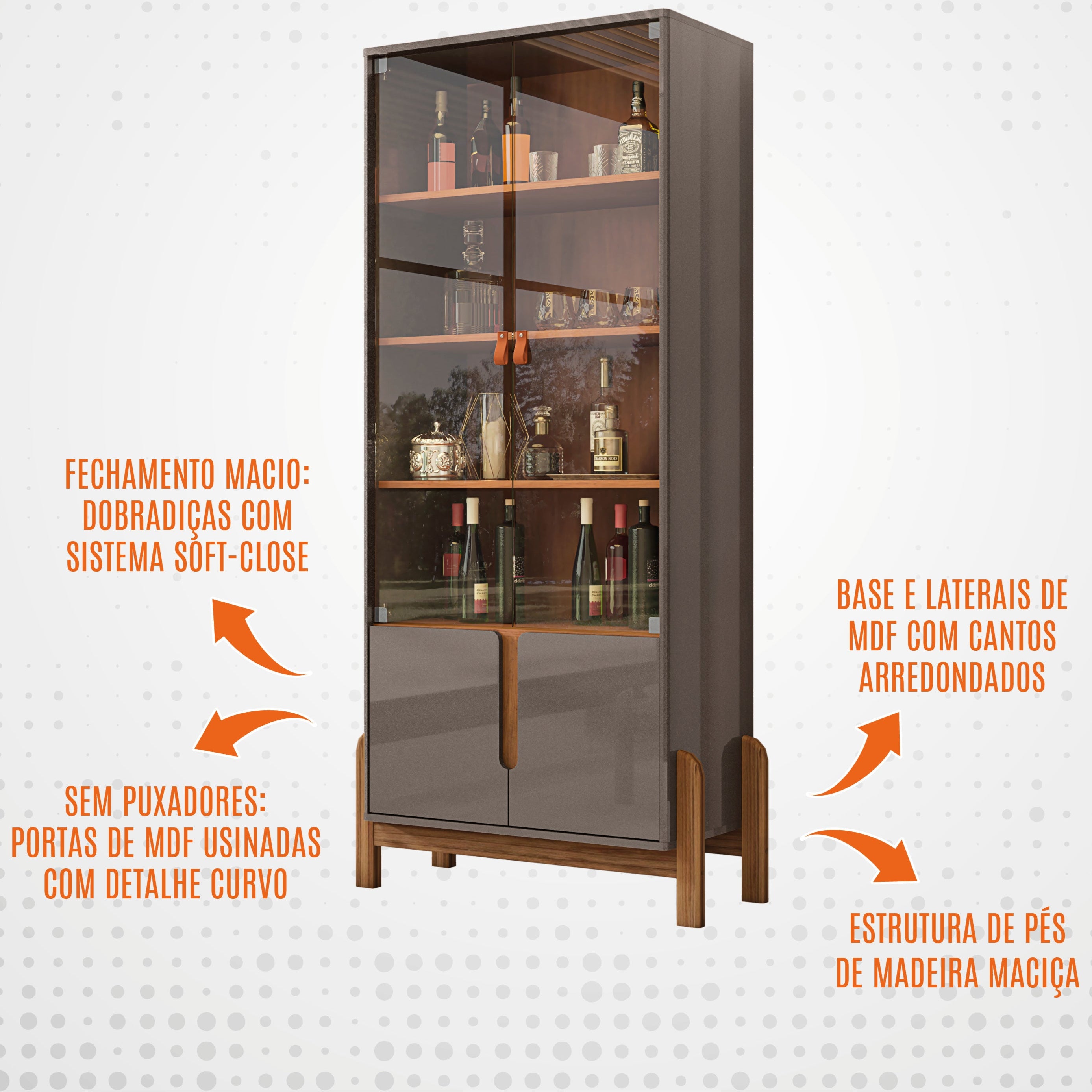 Cristaleira Lizz com Base de Madeira 4 Prateleiras Portas de Vidro com Puxador em Couro Ecológico - LH Móveis