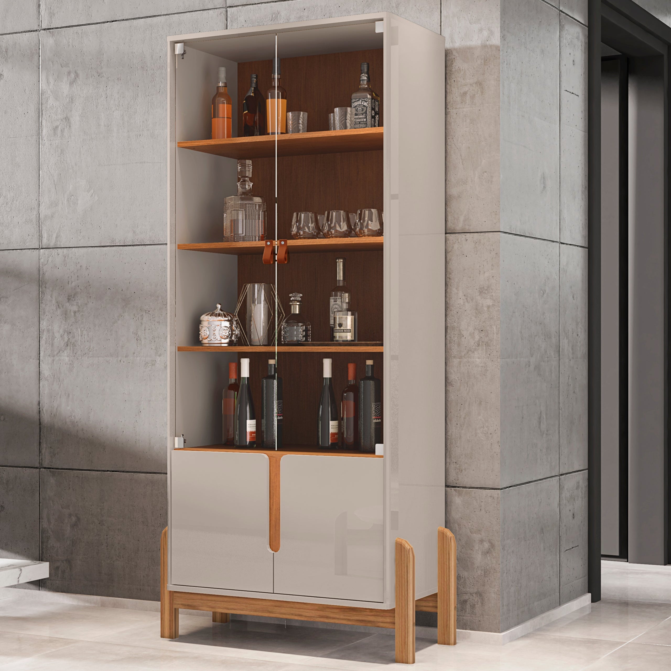 Cristaleira Lizz com Base de Madeira 4 Prateleiras Portas de Vidro com Puxador em Couro Ecológico - LH Móveis