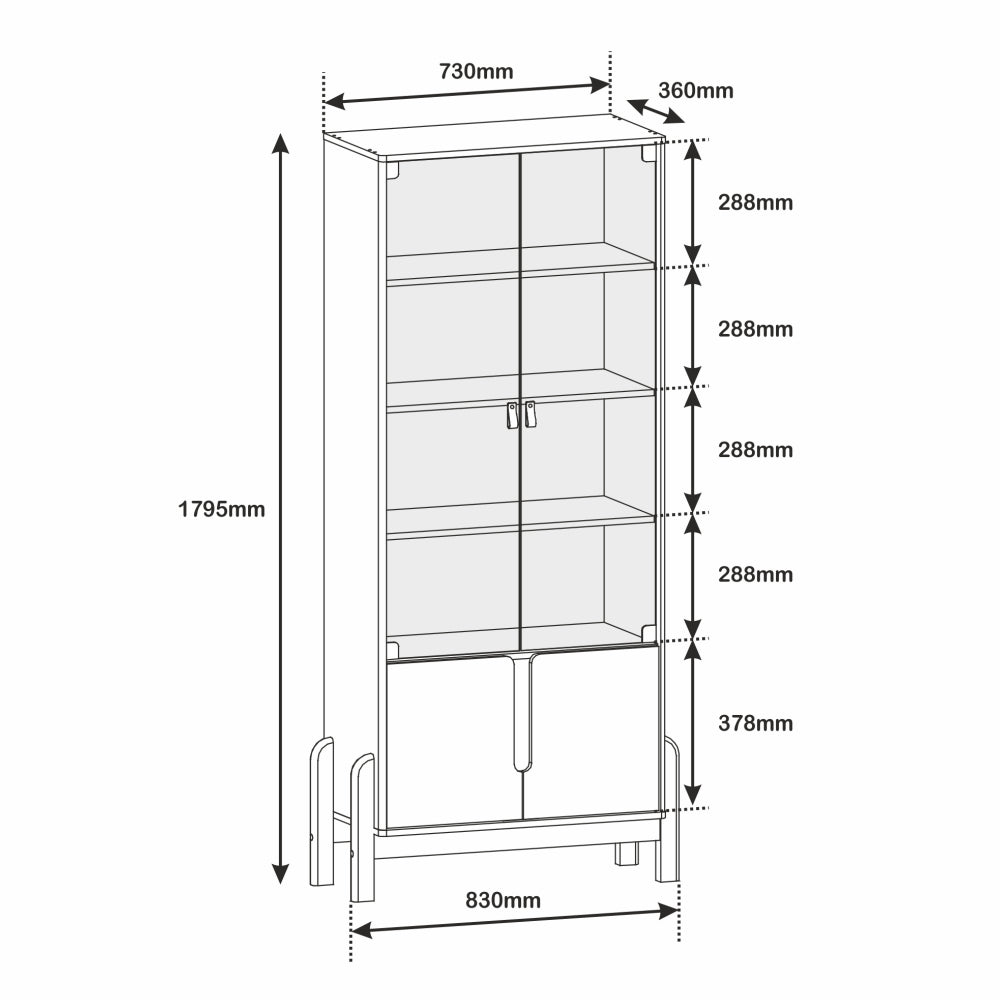 Cristaleira Lizz com Base de Madeira 4 Prateleiras Portas de Vidro com Puxador em Couro Ecológico - LH Móveis