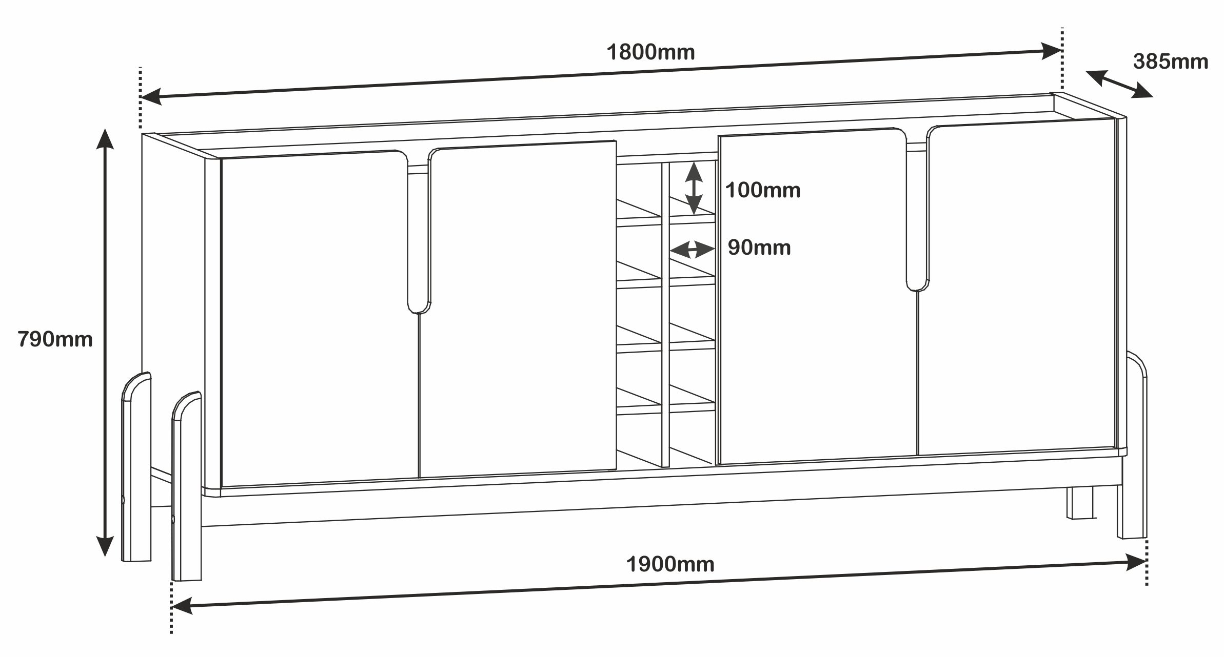 Buffet Lizz 4 Portas com Nicho para Garrafas 190cm Base de Madeira - LH Móveis