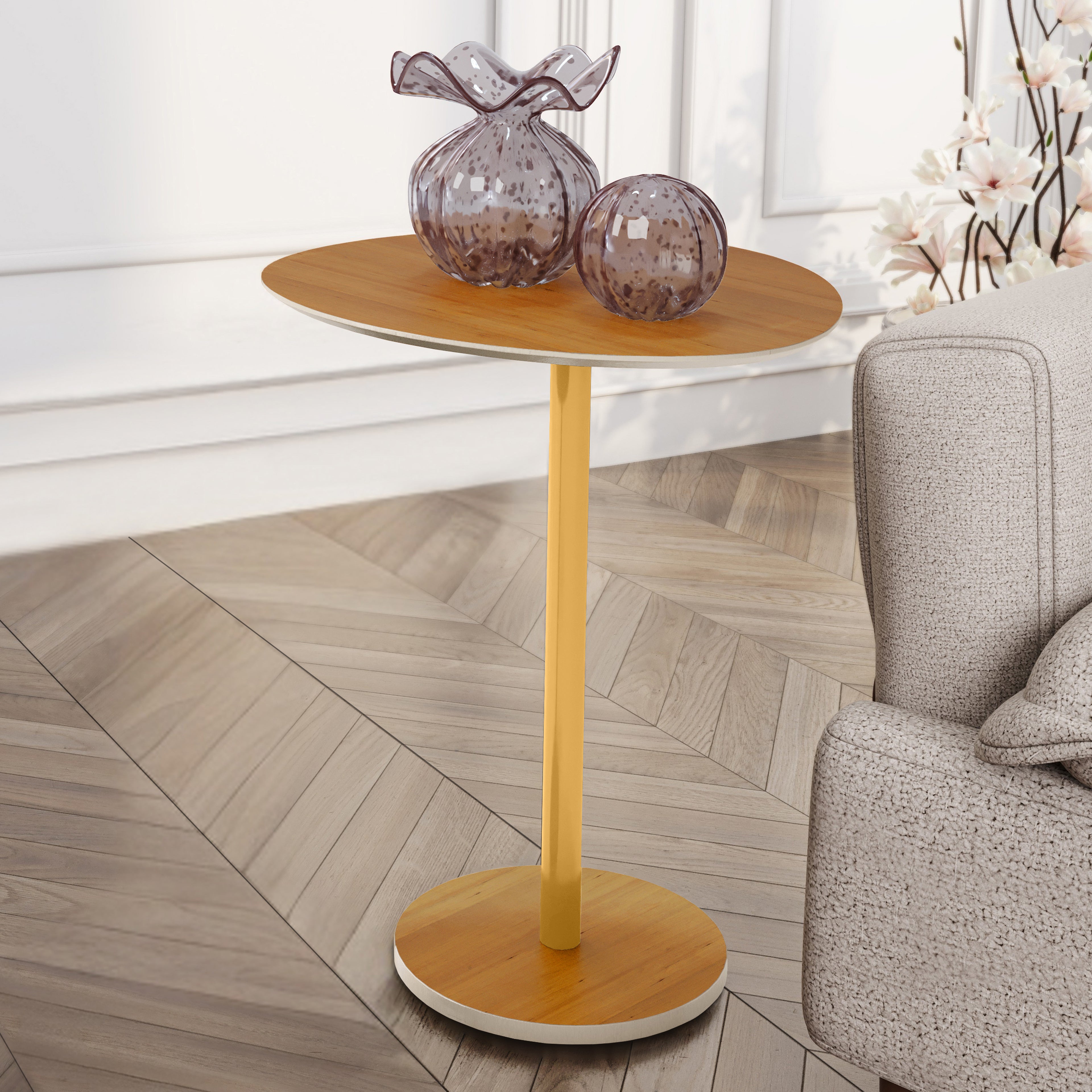 Mesa Lateral Orgânica Vitta Haste em Aço Dourado Unitária em MDF - LH Móveis