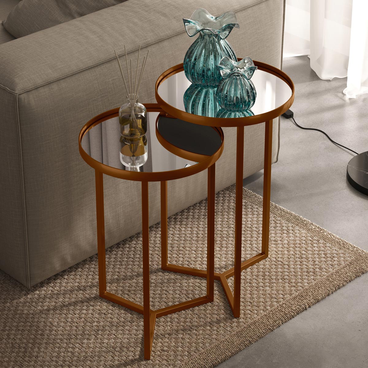 Conjunto Mesa Lateral Steel Glass Base de Aço Tampo com Espelho Estilo Industrial - LH Móveis