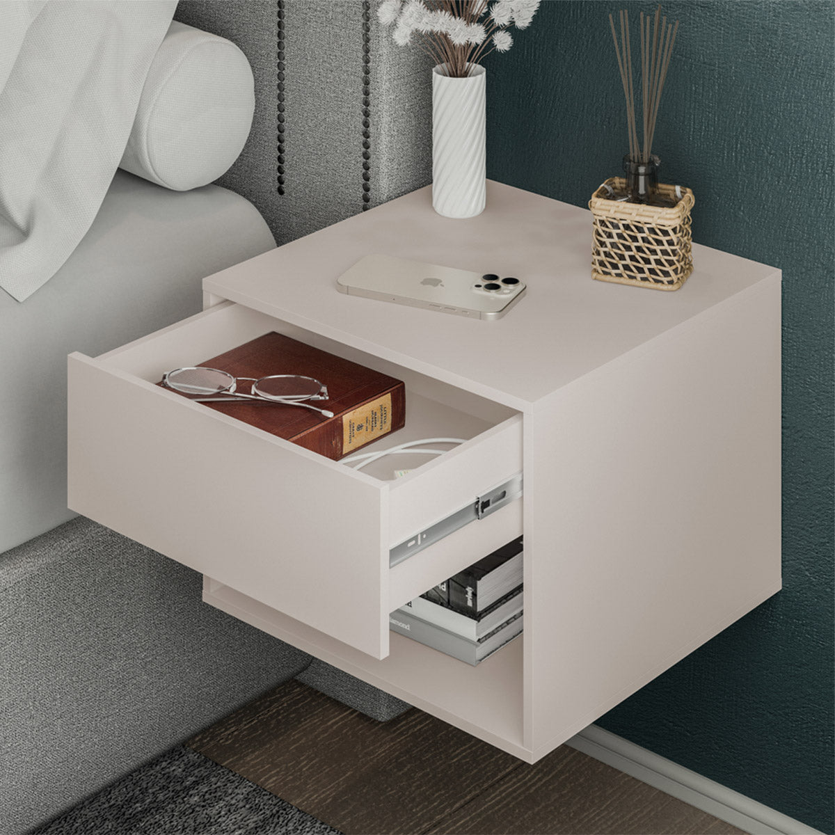 Mesa de Cabeceira Sofia Suspensa Com 1 Gaveta Corrediça Telescópica e Nicho - LH Móveis