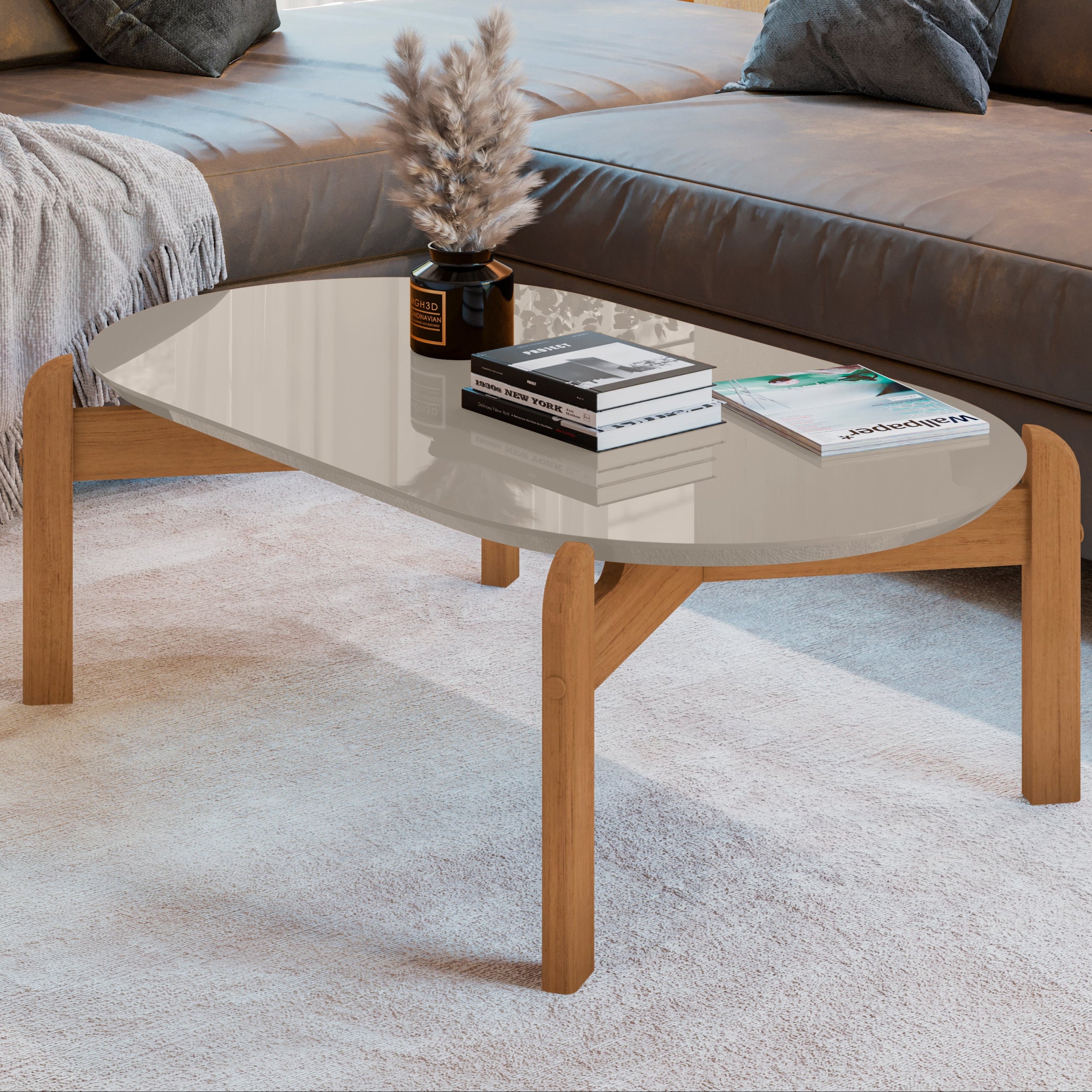 Mesa de Centro Lizz Apoio Base de Madeira Tampo Oblongo Decorativa - LH Móveis