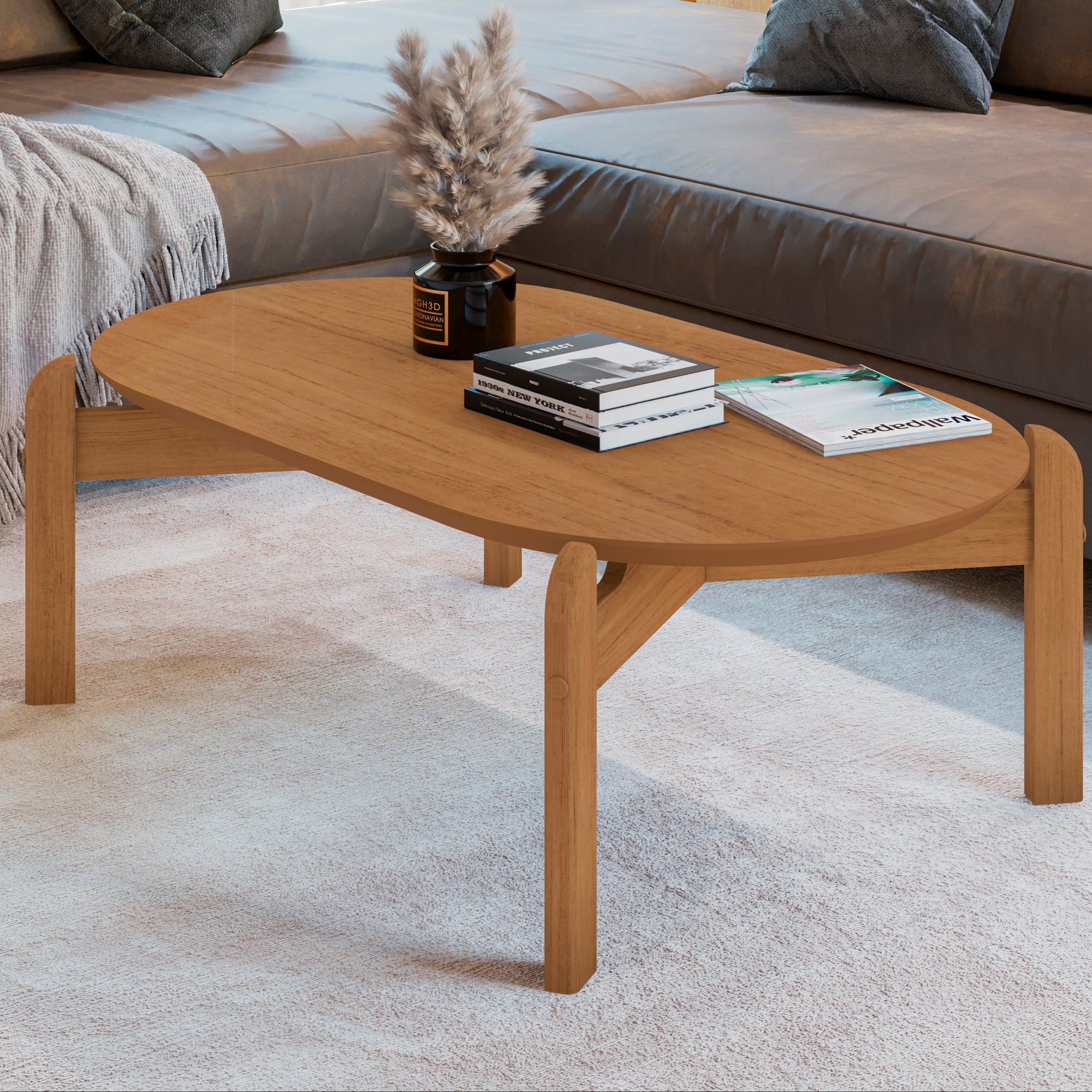 Mesa de Centro Lizz Apoio Base de Madeira Tampo Oblongo Decorativa - LH Móveis