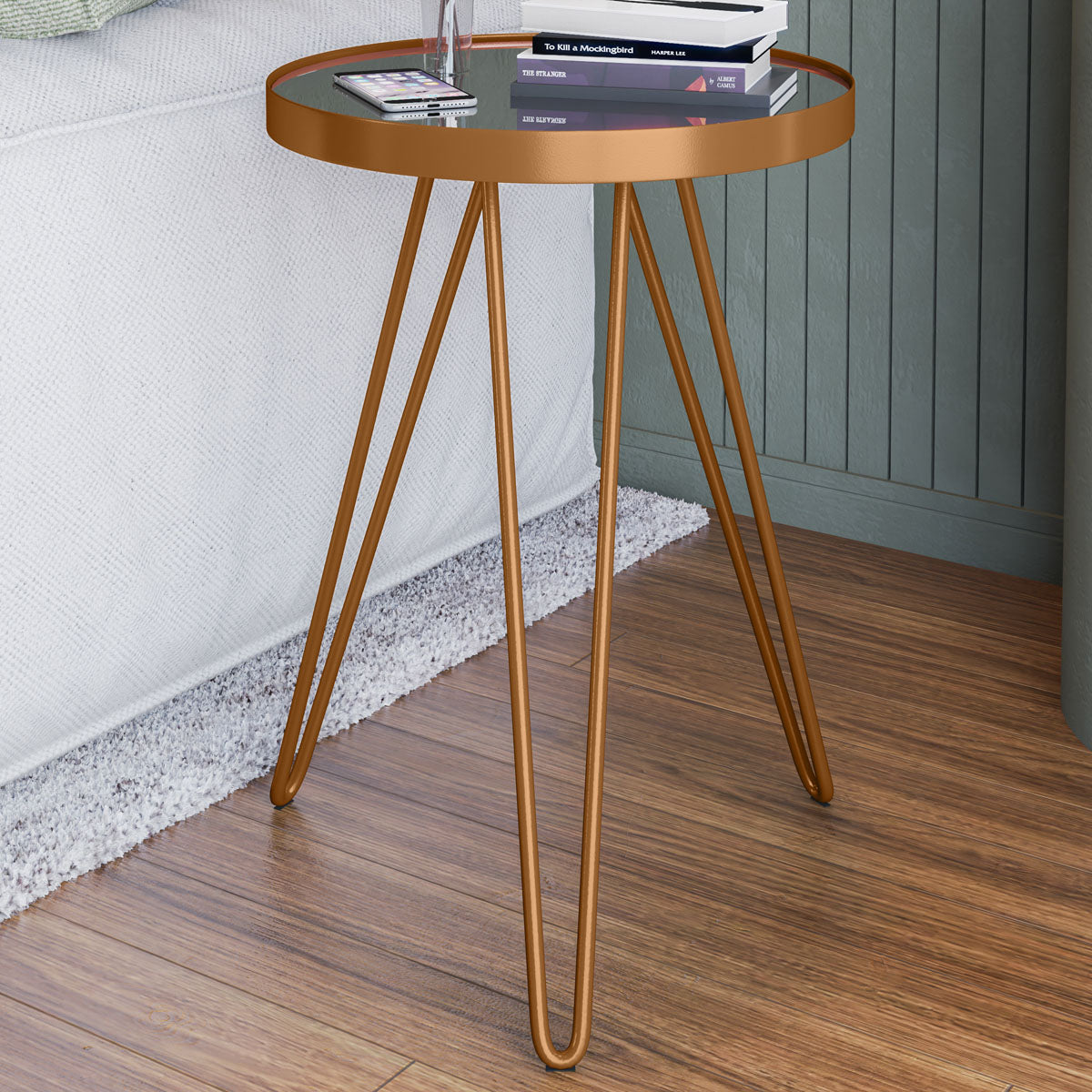 Mesa Lateral Linea Tripé Em Aço Estilo Industrial Tampo Redondo Com Espelho - LH Móveis