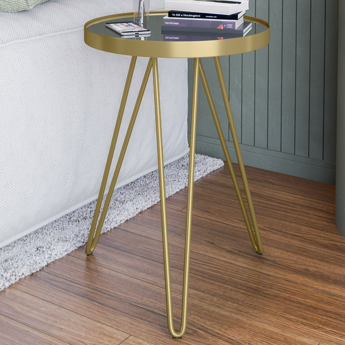 Mesa Lateral Linea Tripé Em Aço Estilo Industrial Tampo Redondo Com Espelho - LH Móveis