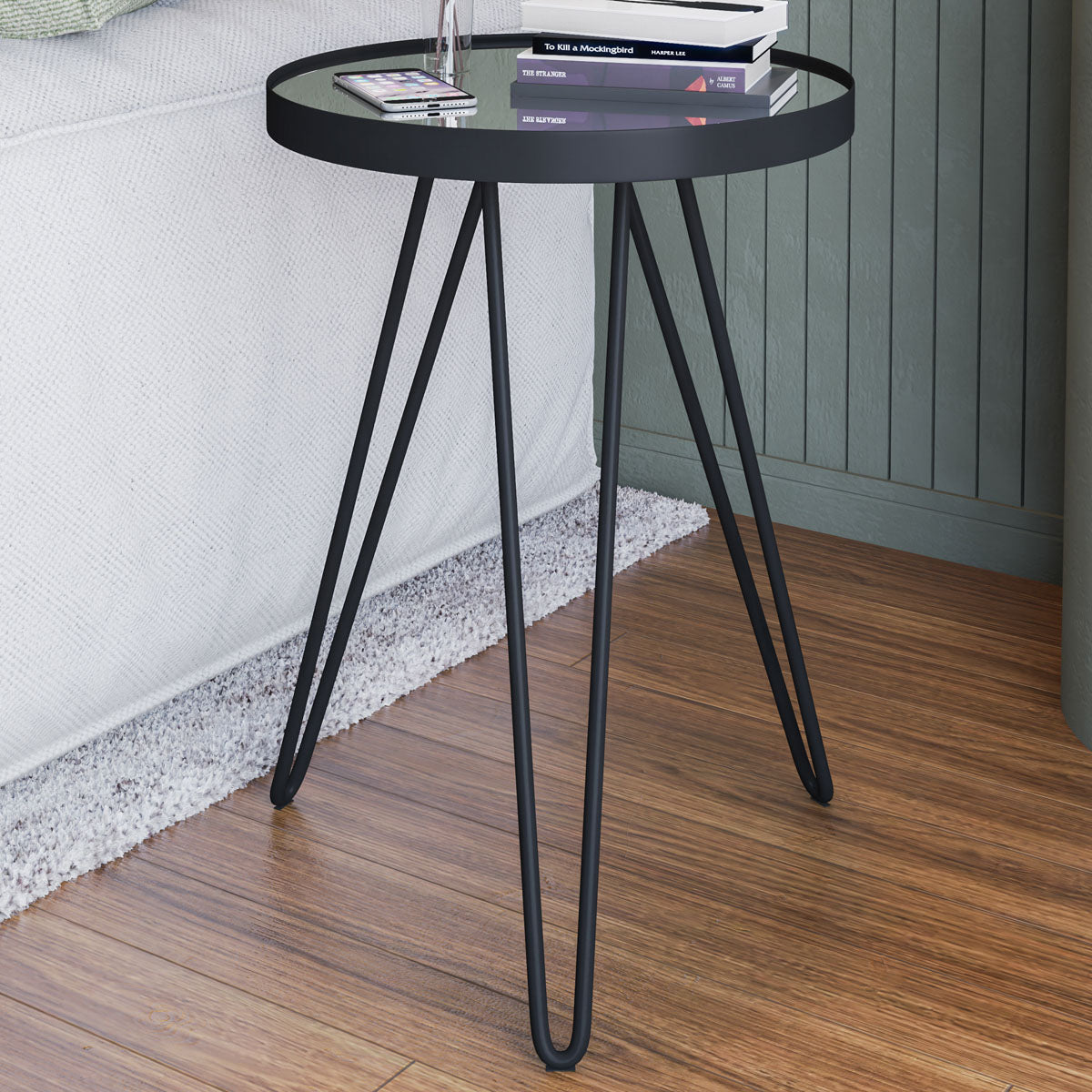 Mesa Lateral Linea Tripé Em Aço Estilo Industrial Tampo Redondo Com Espelho - LH Móveis