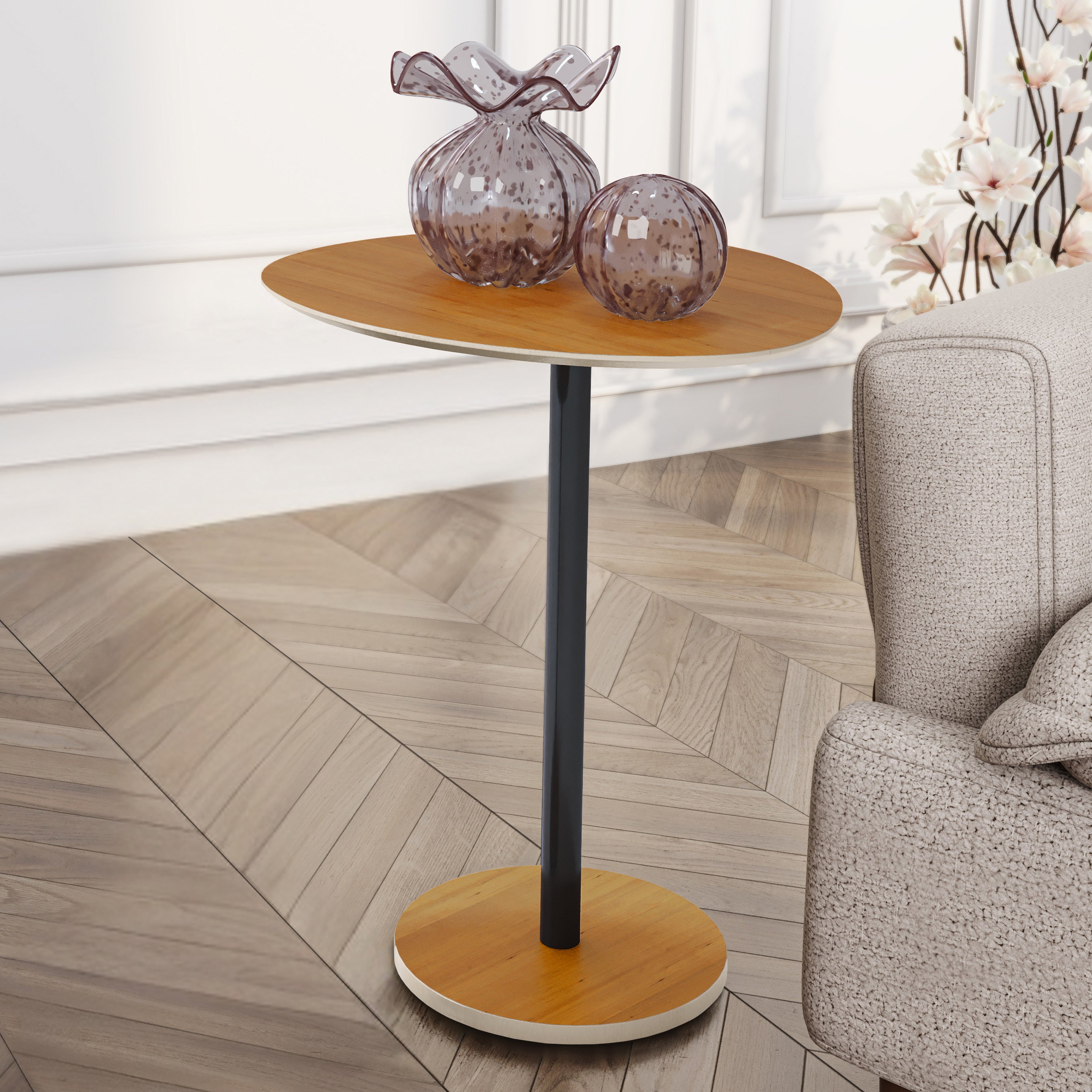 Mesa Lateral Unitária Vitta Design Orgânico em MDF Com Haste em Aço Preta - LH Móveis