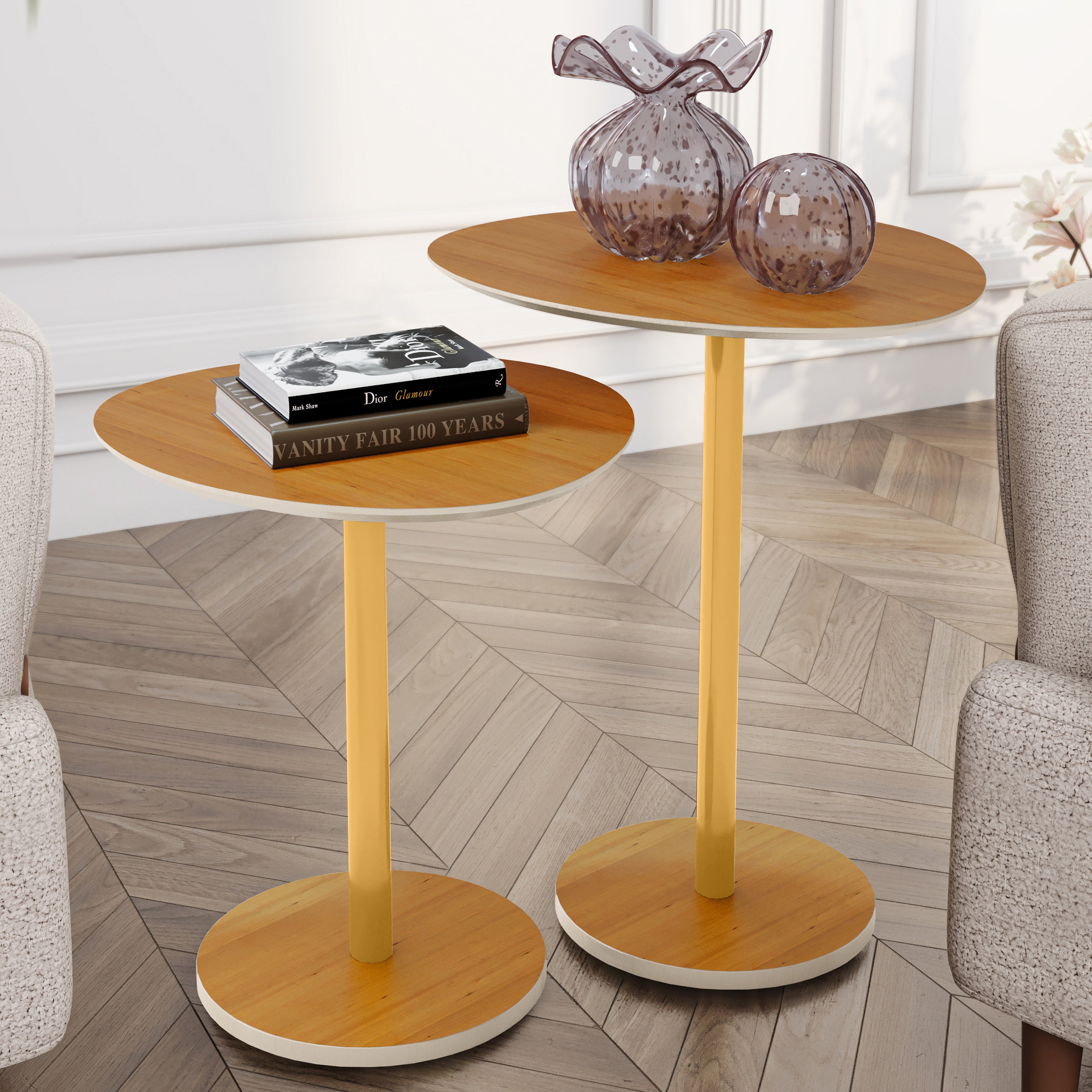 Conjunto Mesa Lateral Vitta Design Orgânico em MDF Haste Dourada Para Decoração - LH Móveis