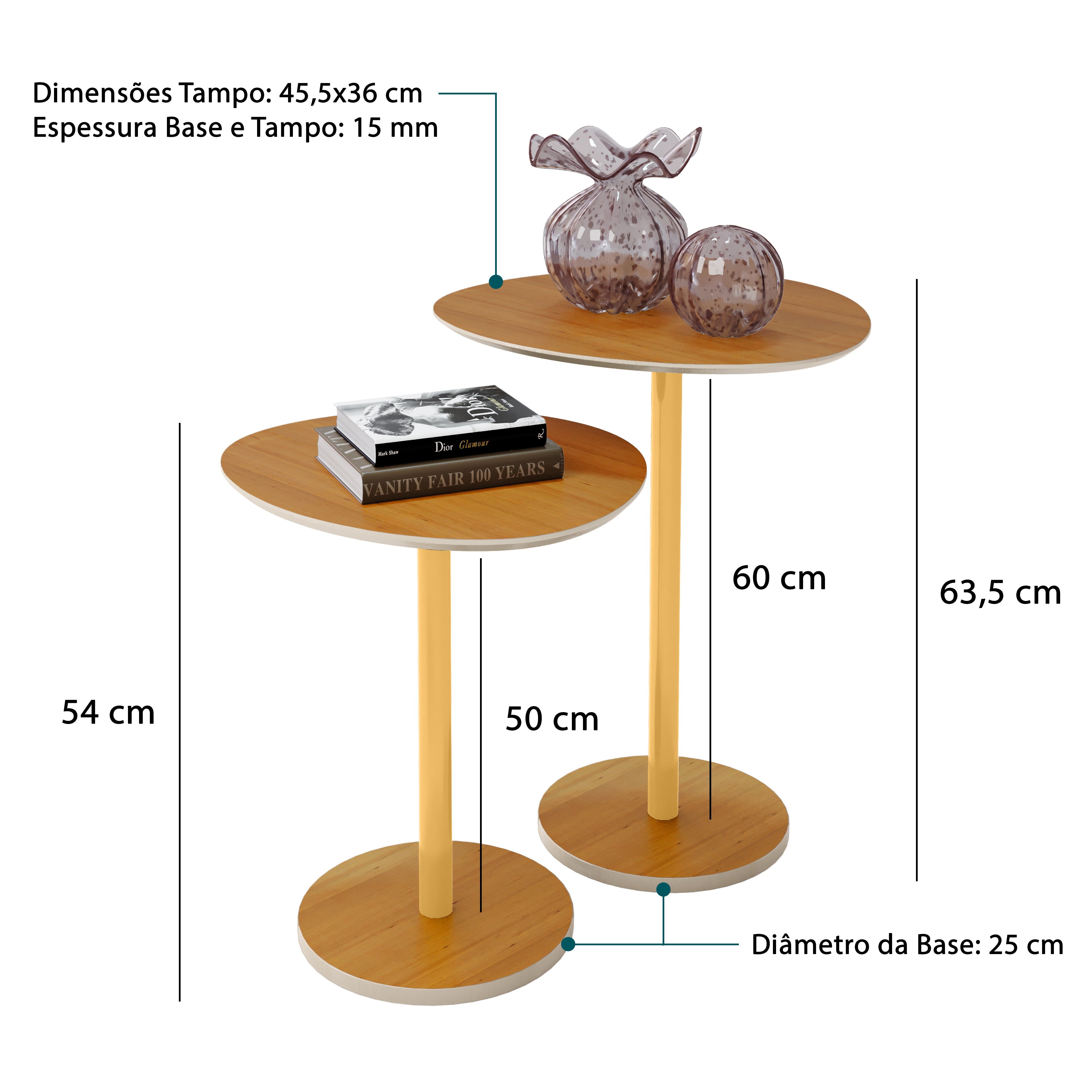 Conjunto Mesa Lateral Vitta Design Orgânico em MDF Haste Dourada Para Decoração - LH Móveis