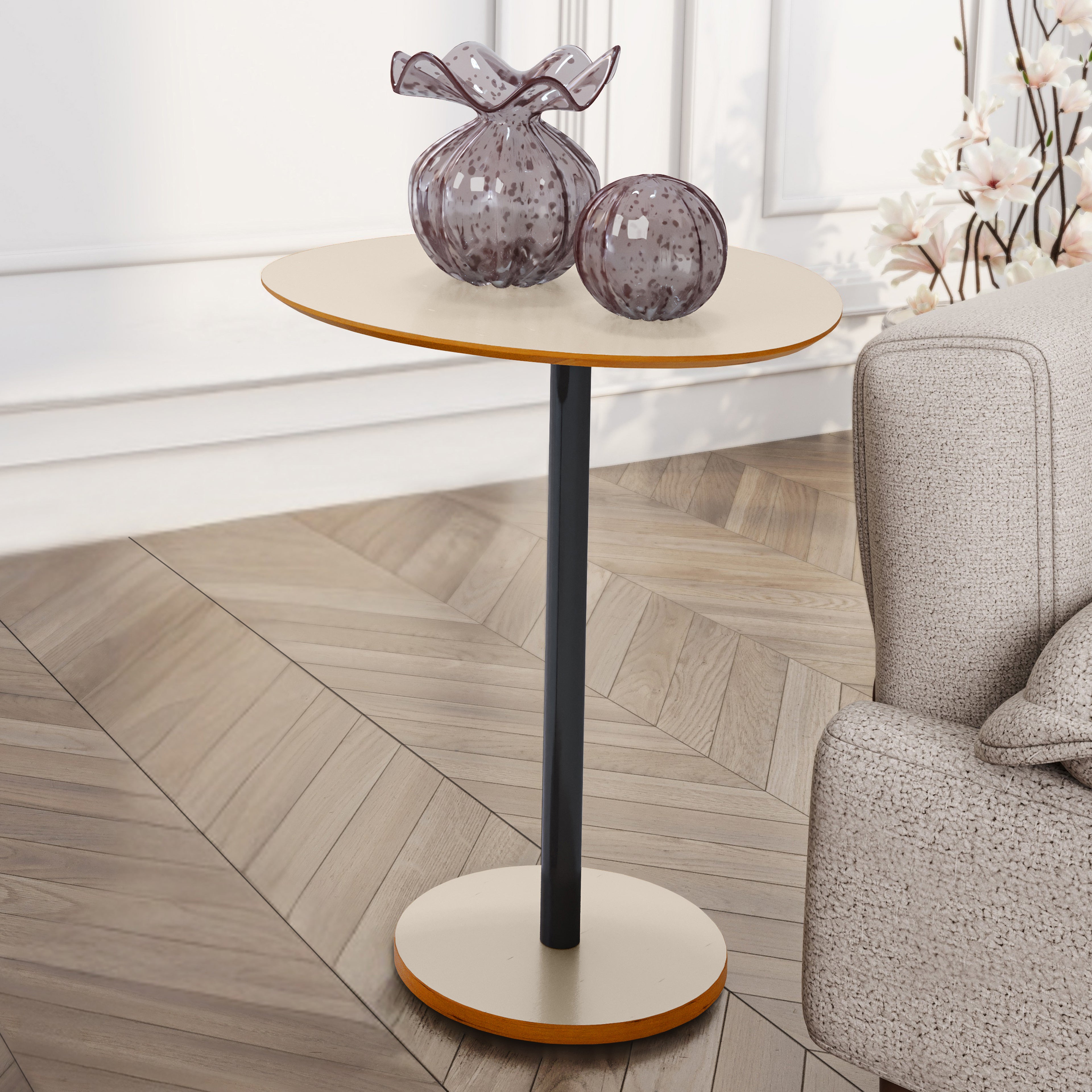 Mesa Lateral Unitária Vitta Design Orgânico em MDF Com Haste em Aço Preta - LH Móveis