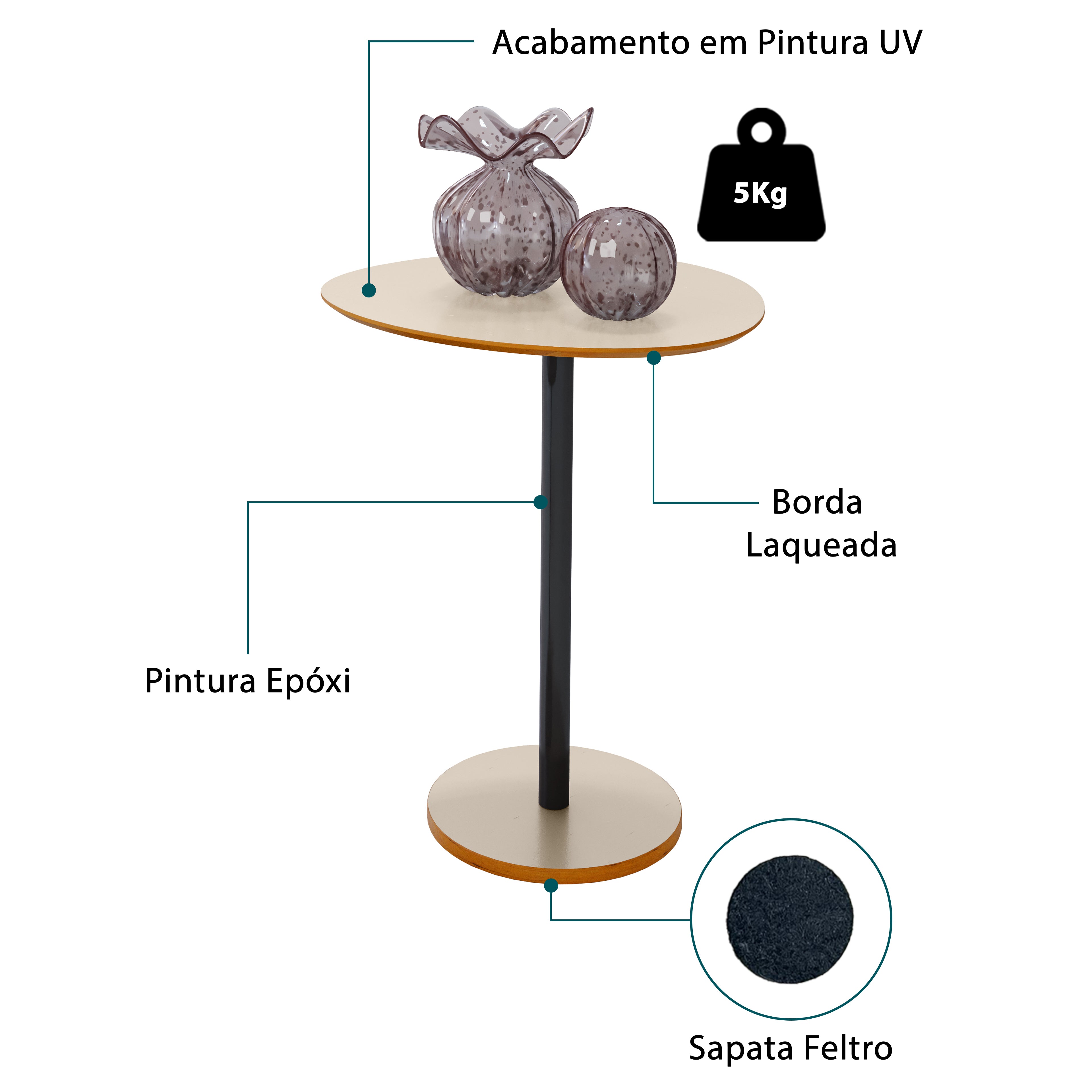 Mesa Lateral Unitária Vitta Design Orgânico em MDF Com Haste em Aço Preta - LH Móveis