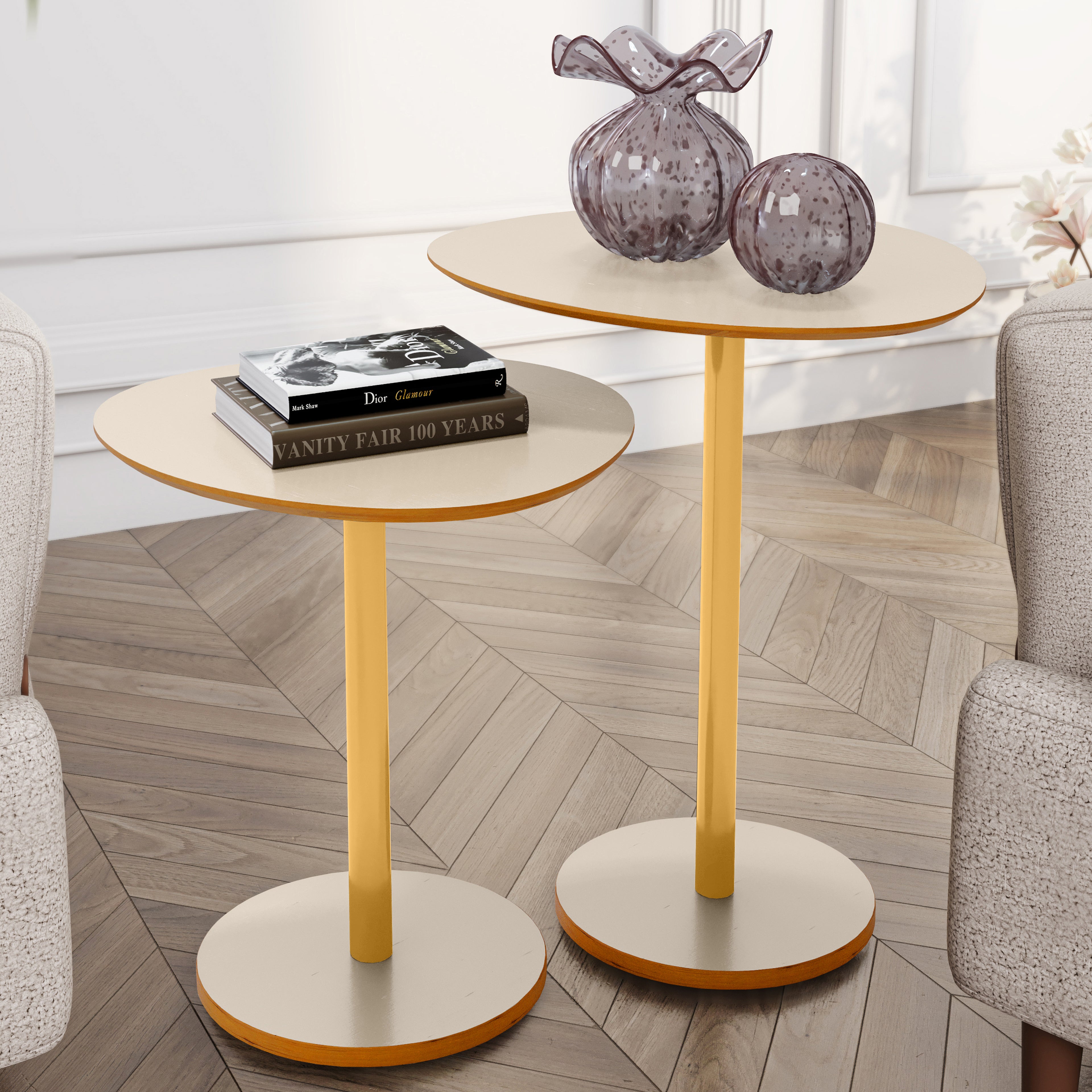 Conjunto Mesa Lateral Vitta Design Orgânico em MDF Haste Dourada Para Decoração - LH Móveis