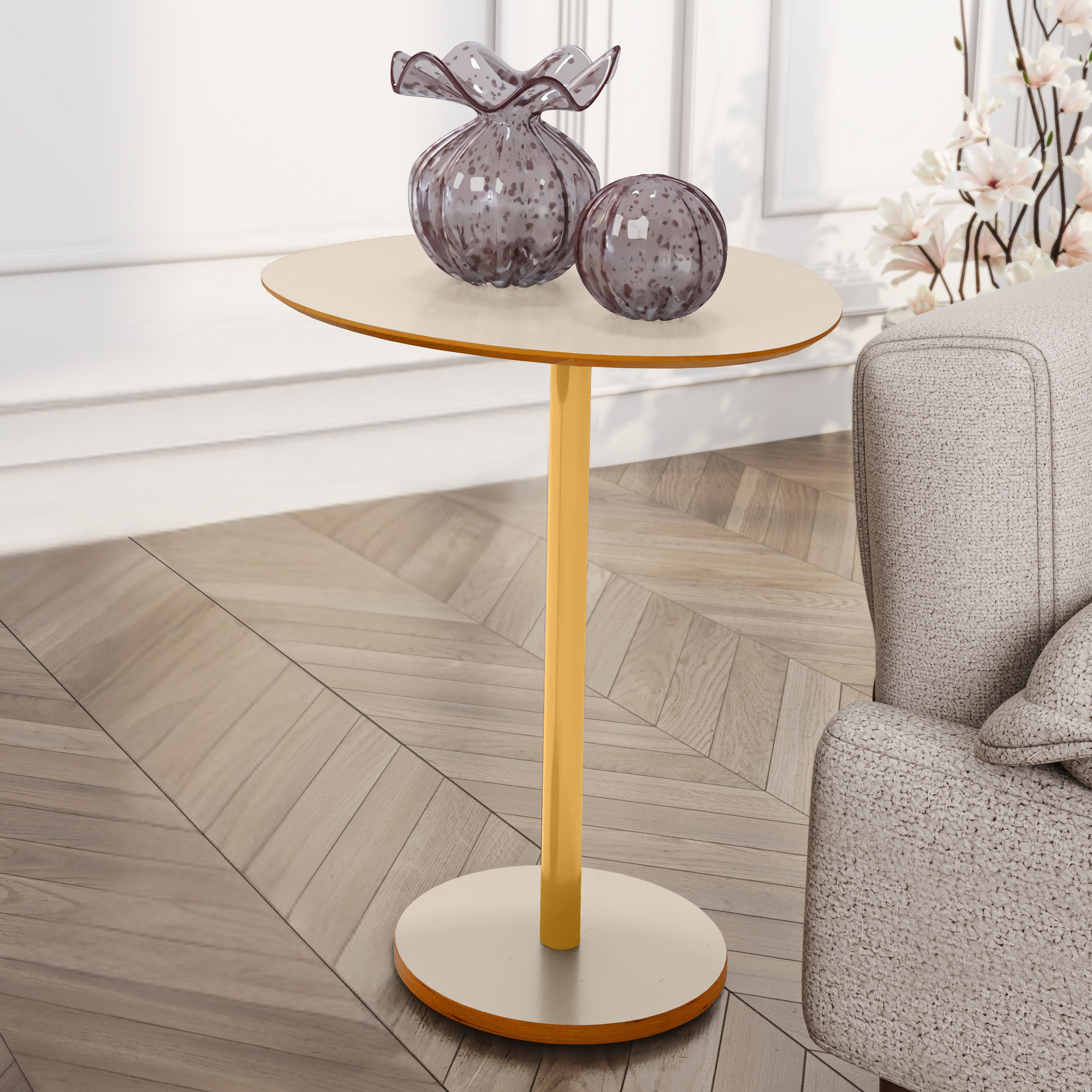 Mesa Lateral Orgânica Vitta Haste em Aço Dourado Unitária em MDF - LH Móveis