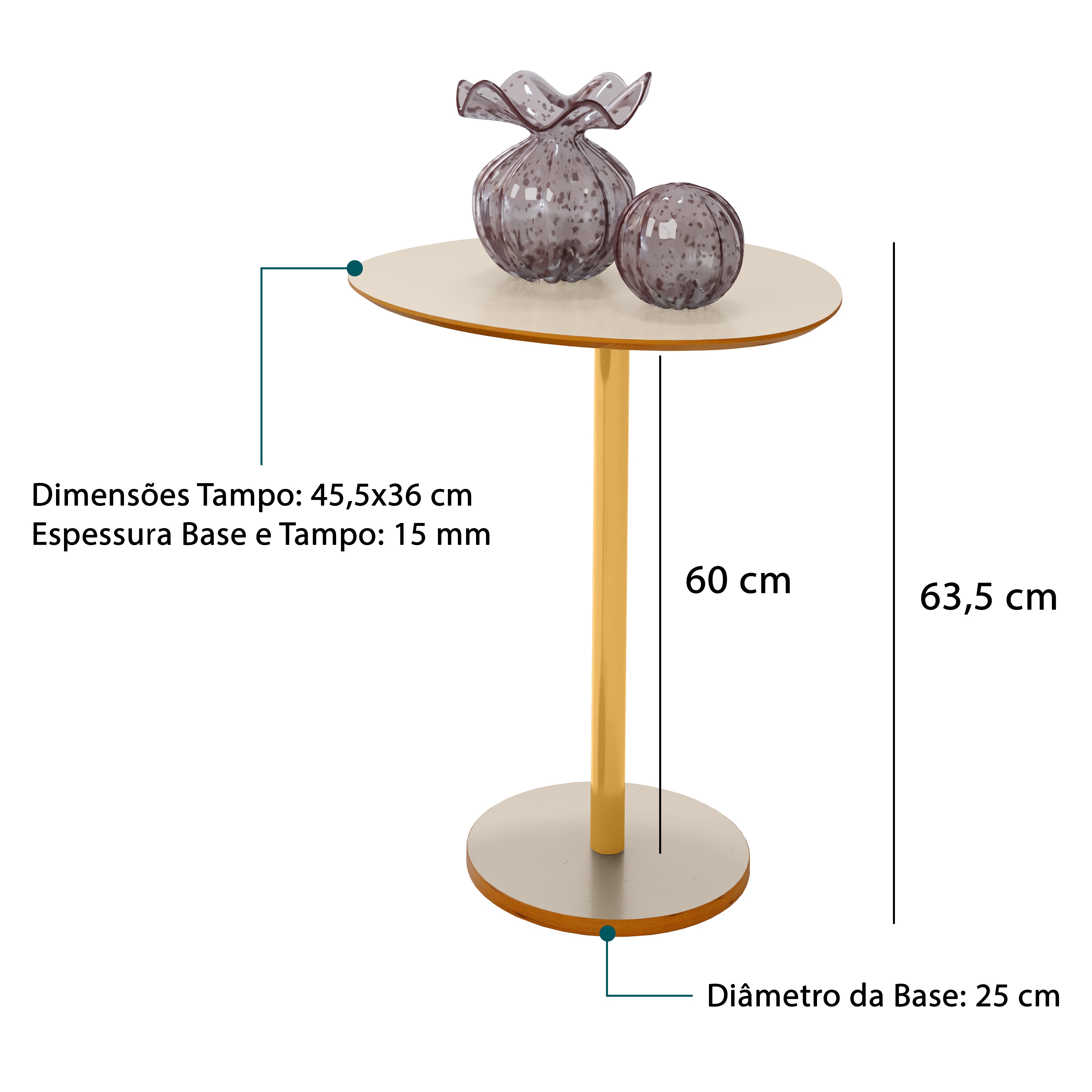 Mesa Lateral Orgânica Vitta Haste em Aço Dourado Unitária em MDF - LH Móveis