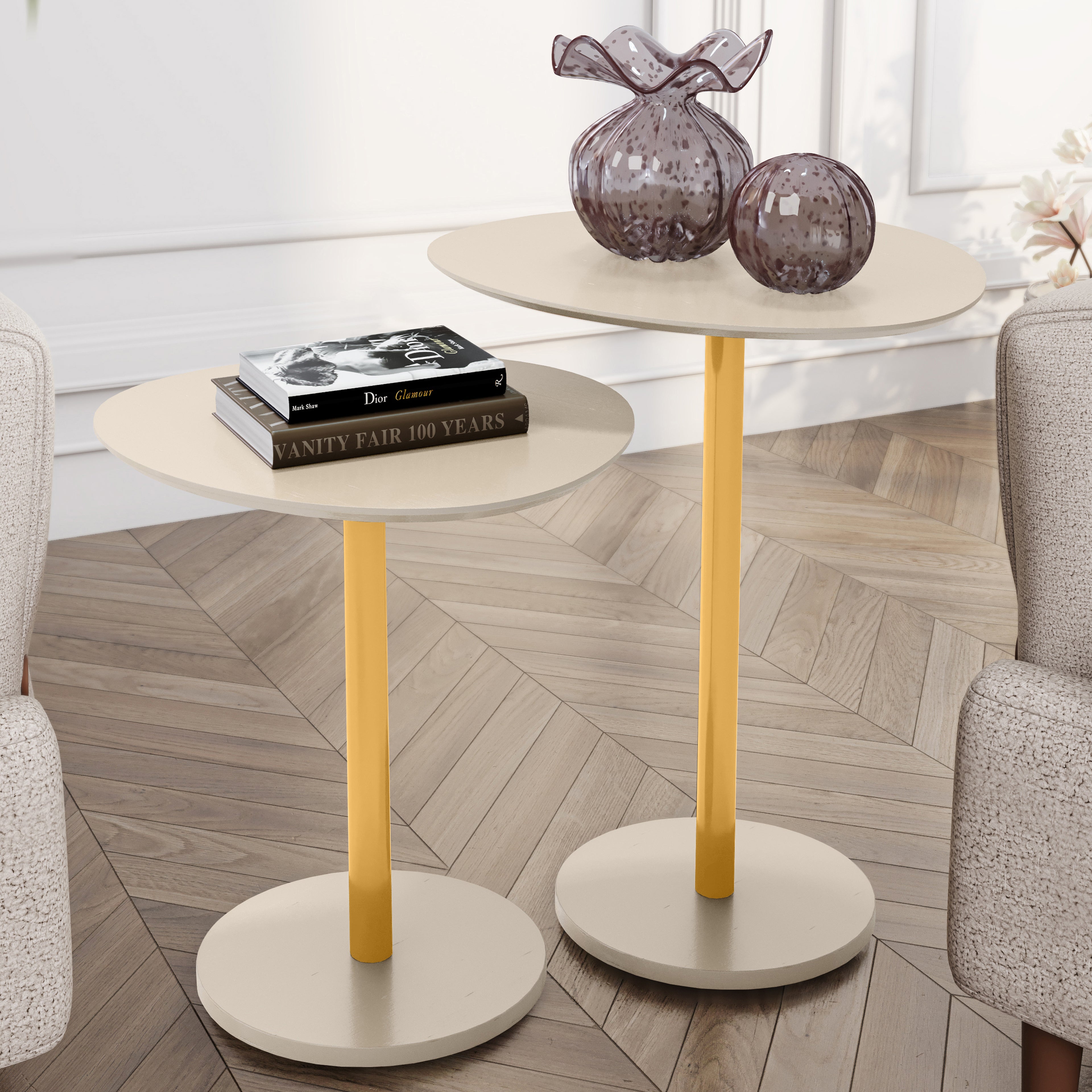 Conjunto Mesa Lateral Vitta Design Orgânico em MDF Haste Dourada Para Decoração - LH Móveis