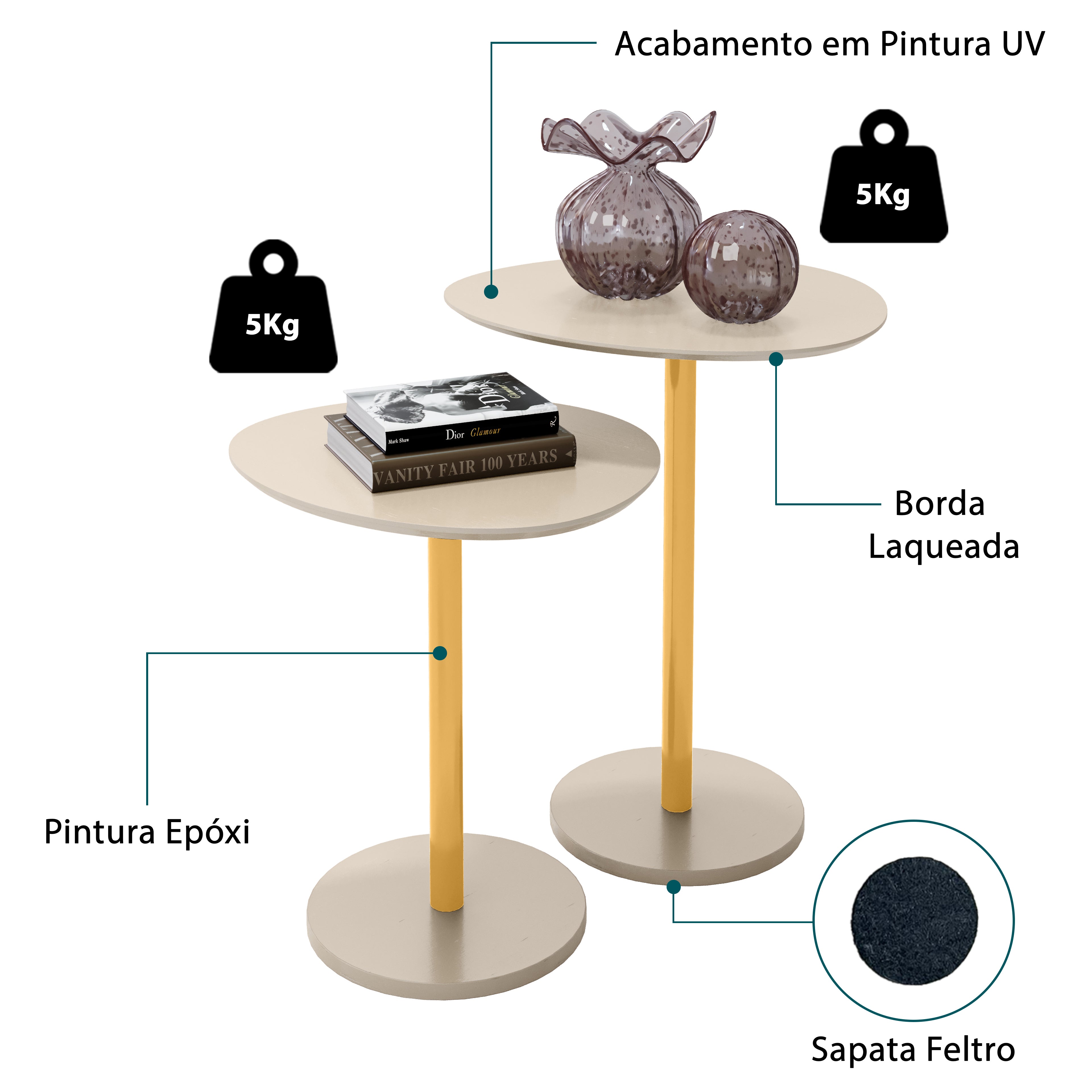Conjunto Mesa Lateral Vitta Design Orgânico em MDF Haste Dourada Para Decoração - LH Móveis