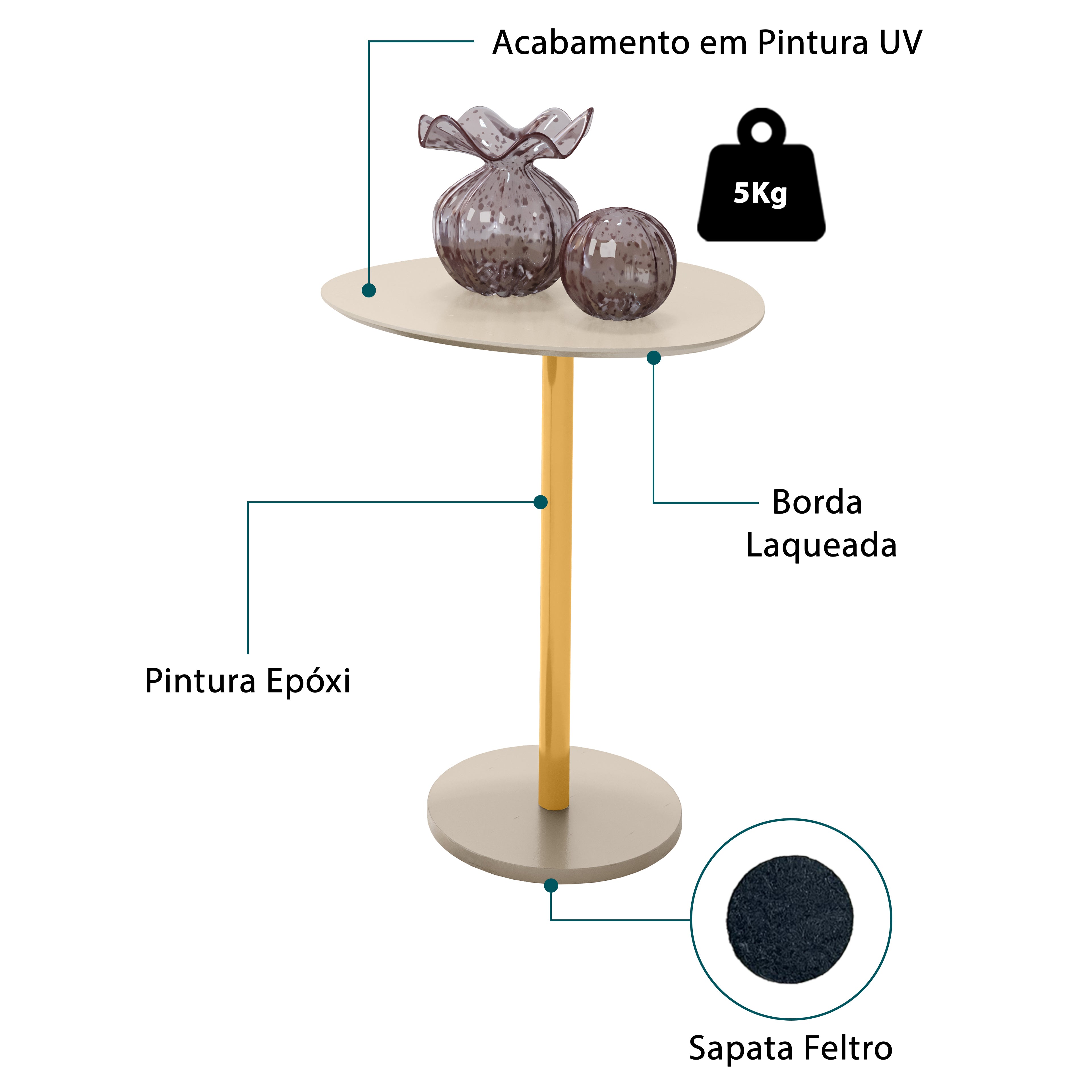Mesa Lateral Orgânica Vitta Haste em Aço Dourado Unitária em MDF - LH Móveis
