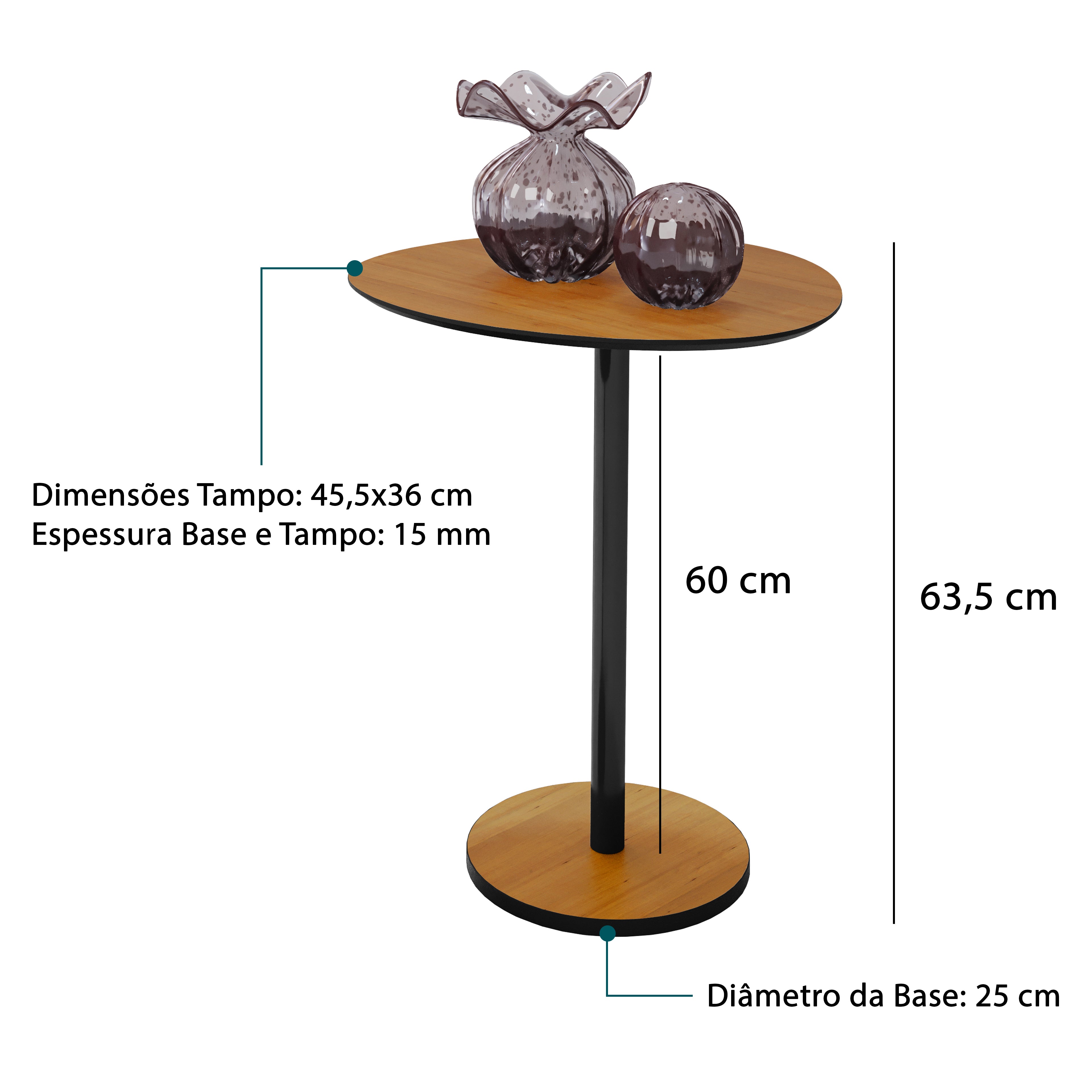 Mesa Lateral Unitária Vitta Design Orgânico em MDF Com Haste em Aço Preta - LH Móveis