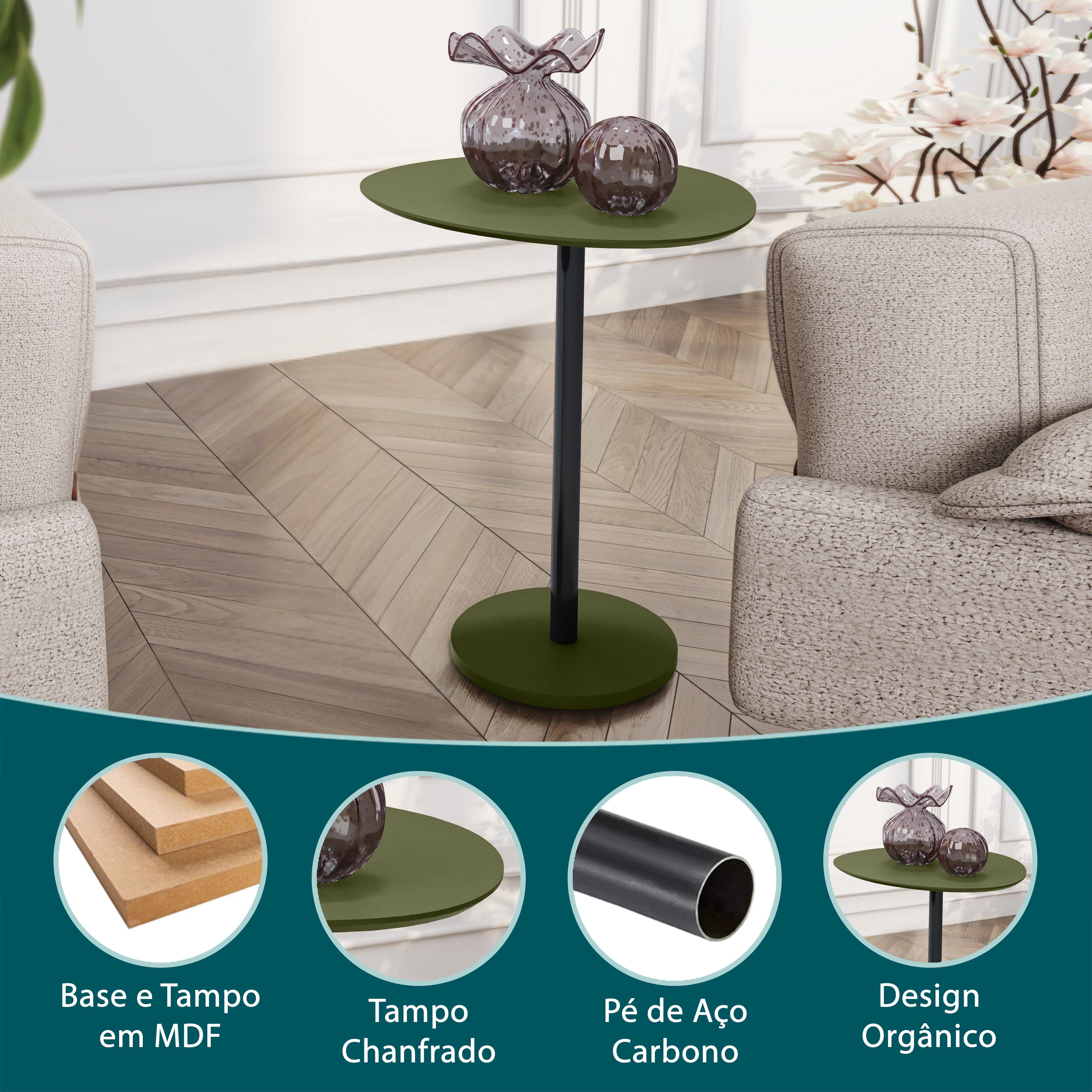 Mesa Lateral Unitária Vitta Design Orgânico em MDF Com Haste em Aço Preta - LH Móveis