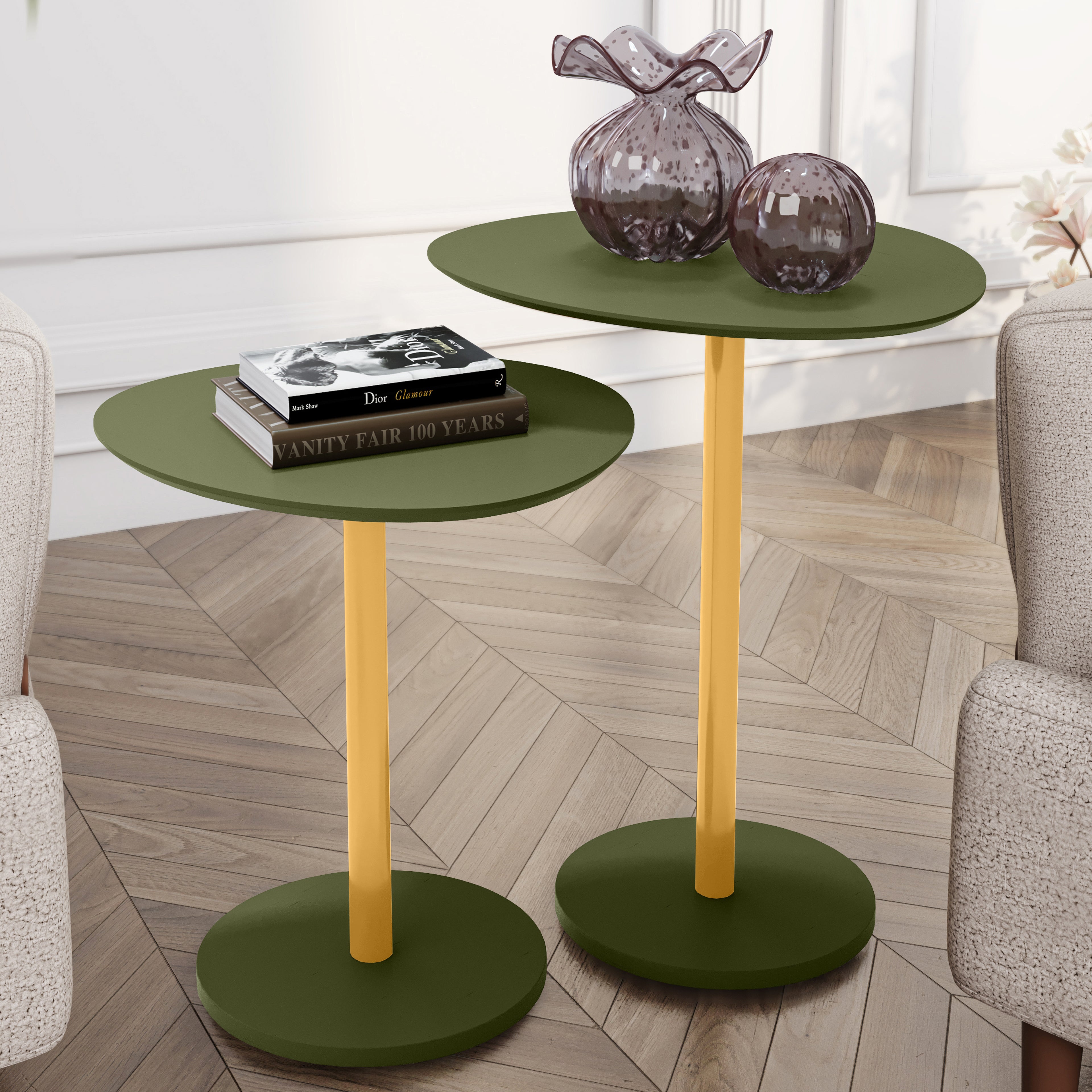 Conjunto Mesa Lateral Vitta Design Orgânico em MDF Haste Dourada Para Decoração - LH Móveis