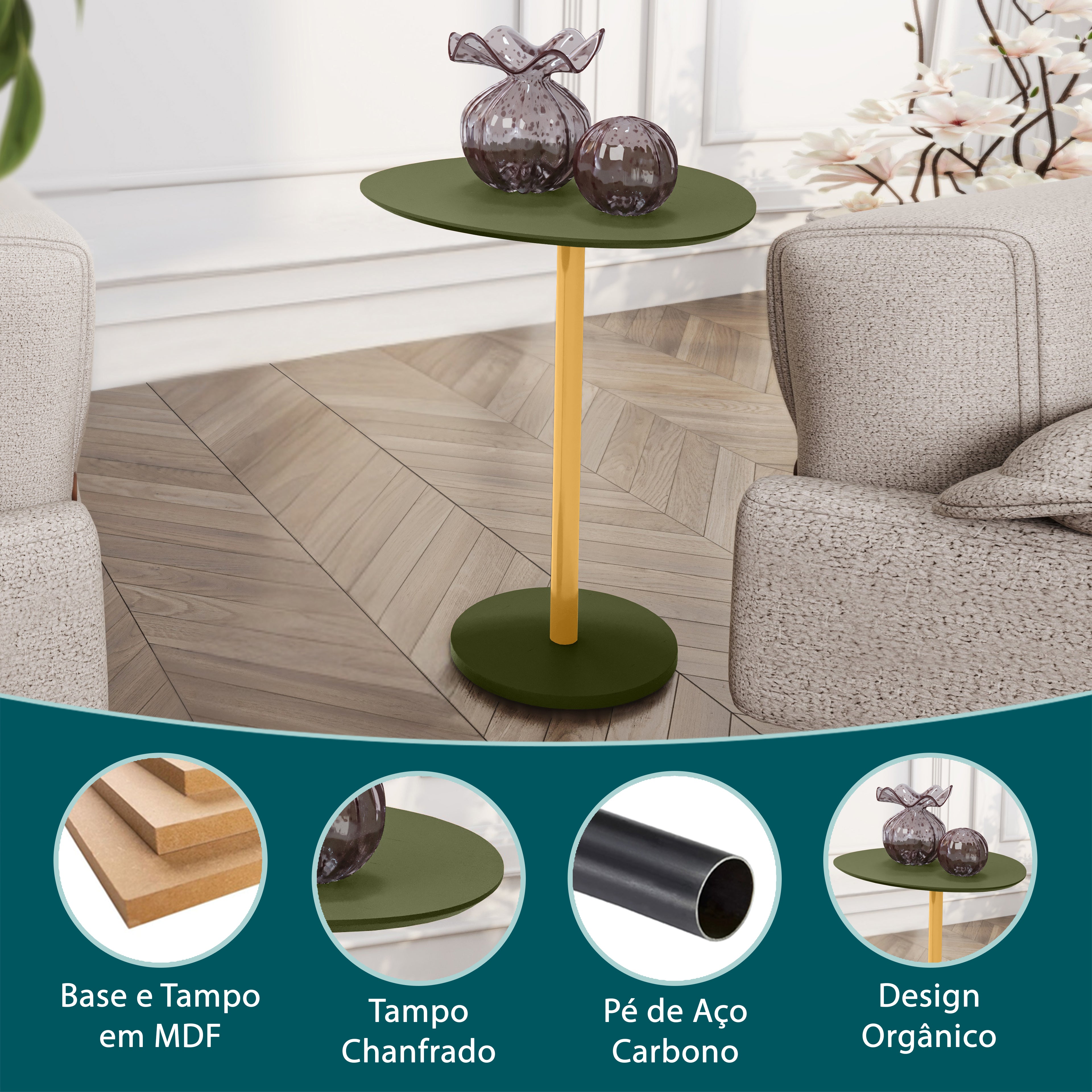 Mesa Lateral Orgânica Vitta Haste em Aço Dourado Unitária em MDF - LH Móveis