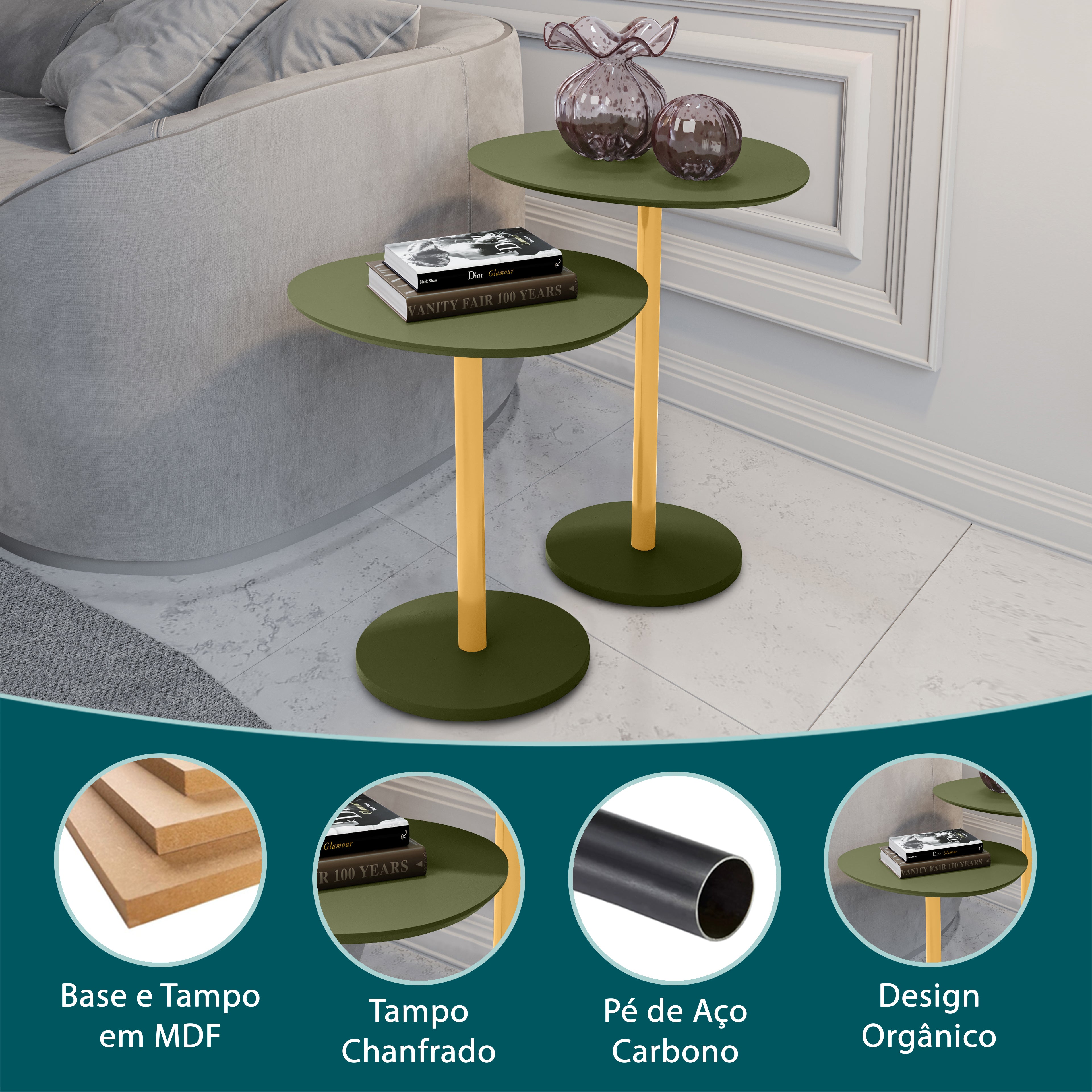 Conjunto Mesa Lateral Vitta Design Orgânico em MDF Haste Dourada Para Decoração - LH Móveis