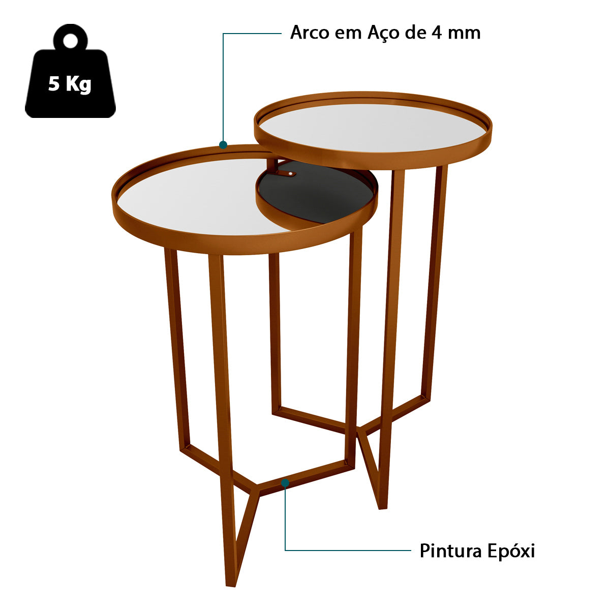 Conjunto Mesa Lateral Steel Glass Base de Aço Tampo com Espelho Estilo Industrial - LH Móveis