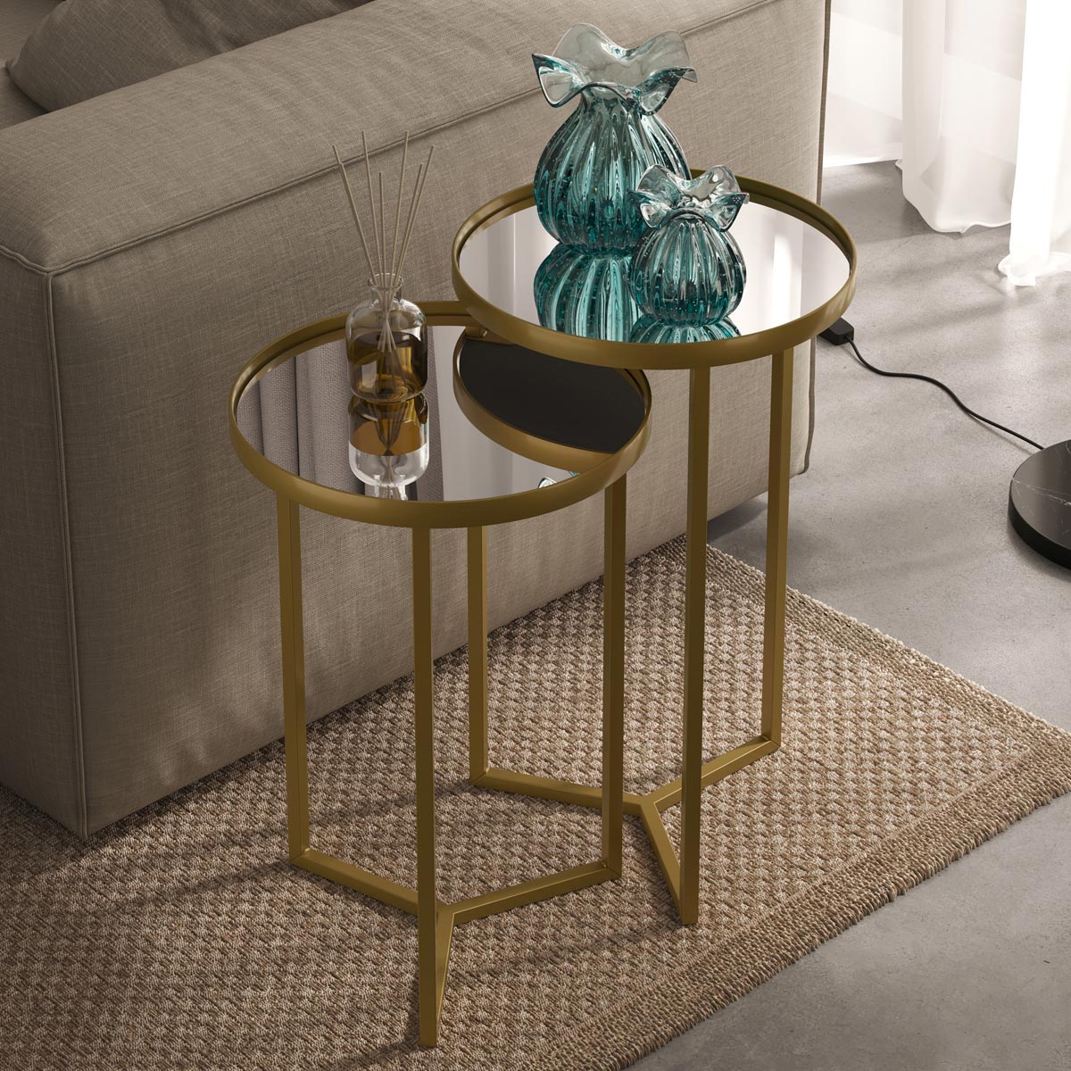 Conjunto Mesa Lateral Steel Glass Base de Aço Tampo com Espelho Estilo Industrial - LH Móveis