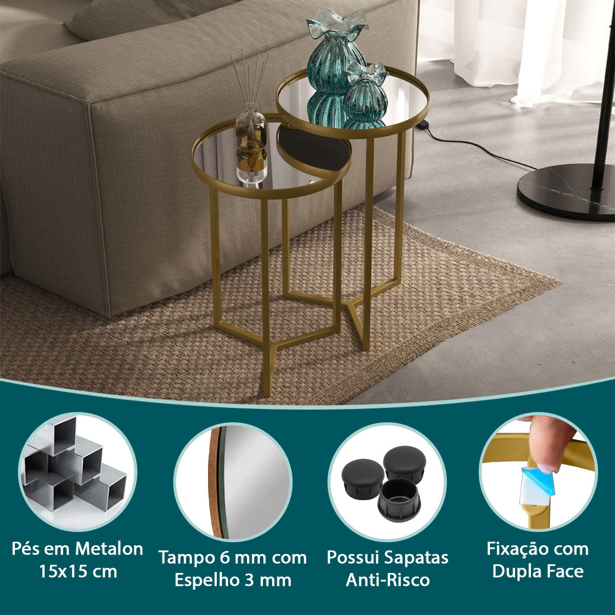 Conjunto Mesa Lateral Steel Glass Base de Aço Tampo com Espelho Estilo Industrial - LH Móveis