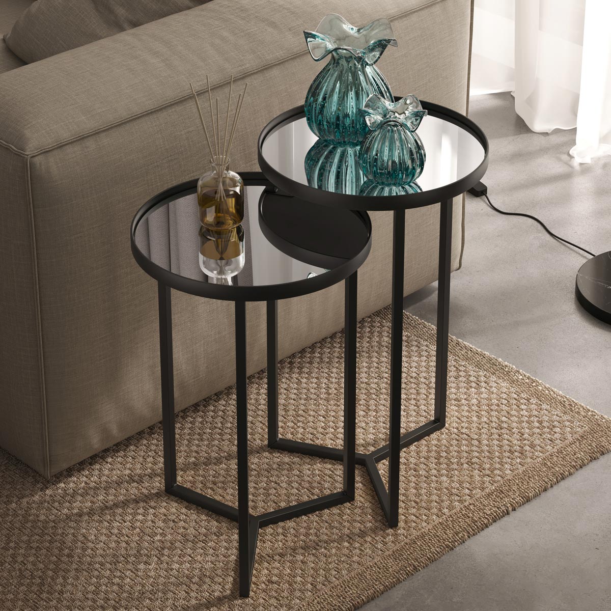 Conjunto Mesa Lateral Steel Glass Base de Aço Tampo com Espelho Estilo Industrial - LH Móveis