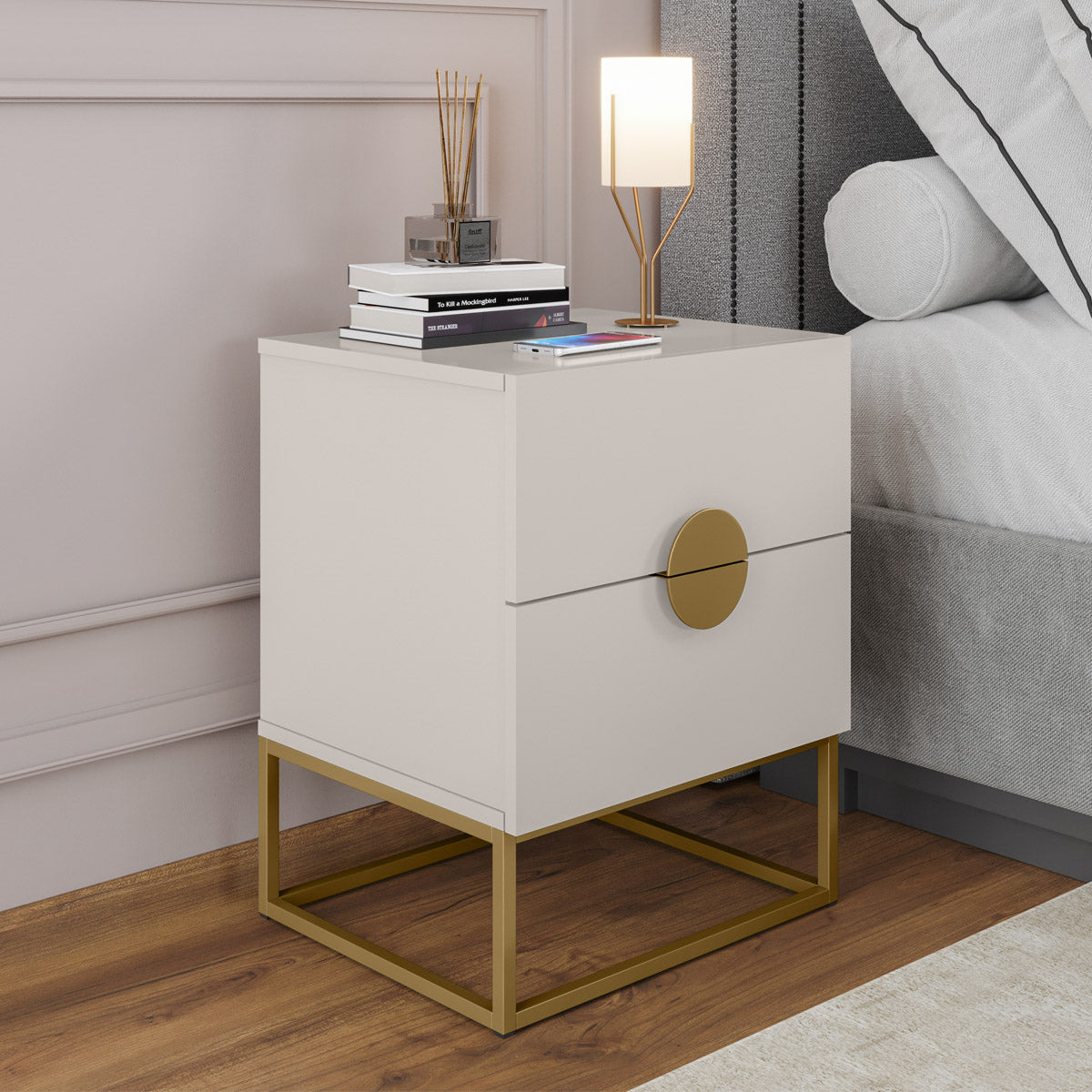 Kit 02 Mesa de Cabeceira Steel Luxo Modelo Industrial Com Pés de Aço e Puxador Meia Lua - LH Móveis