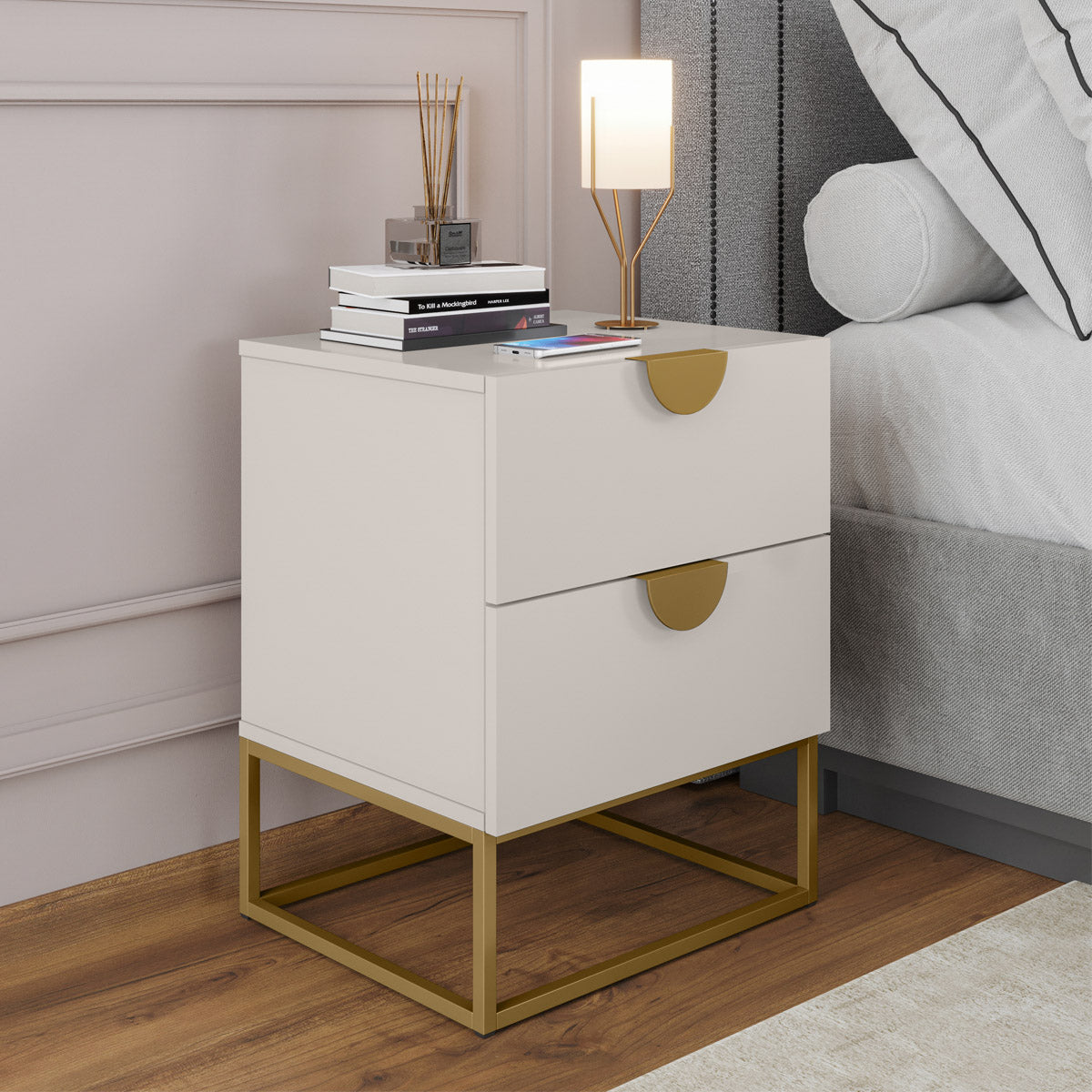 Kit 02 Mesa de Cabeceira Steel Luxo Modelo Industrial Com Pés de Aço e Puxador Meia Lua - LH Móveis