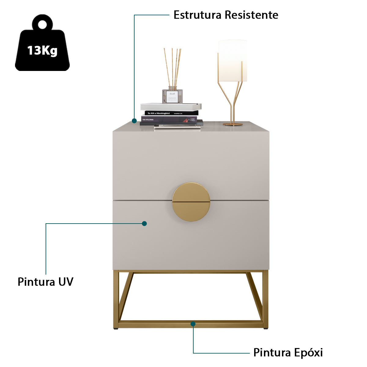 Mesa de Cabeceira Steel Luxo Modelo Industrial Com Pés de Aço e Puxador Meia Lua - LH Móveis