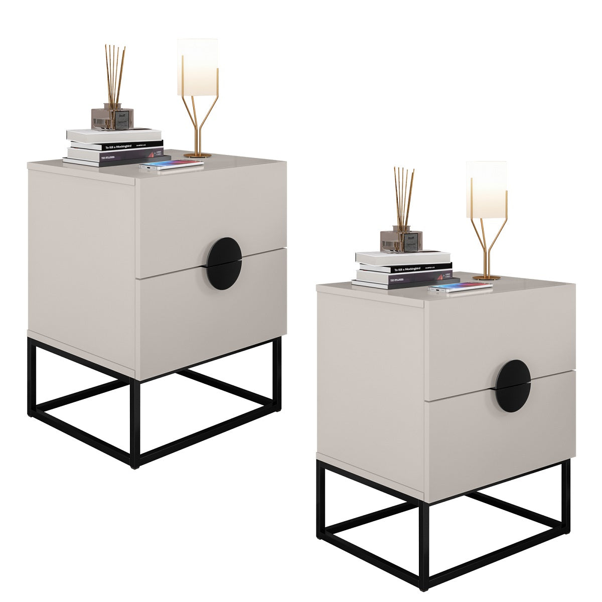 Kit 02 Mesa de Cabeceira Steel Luxo Modelo Industrial Com Pés de Aço e Puxador Meia Lua - LH Móveis