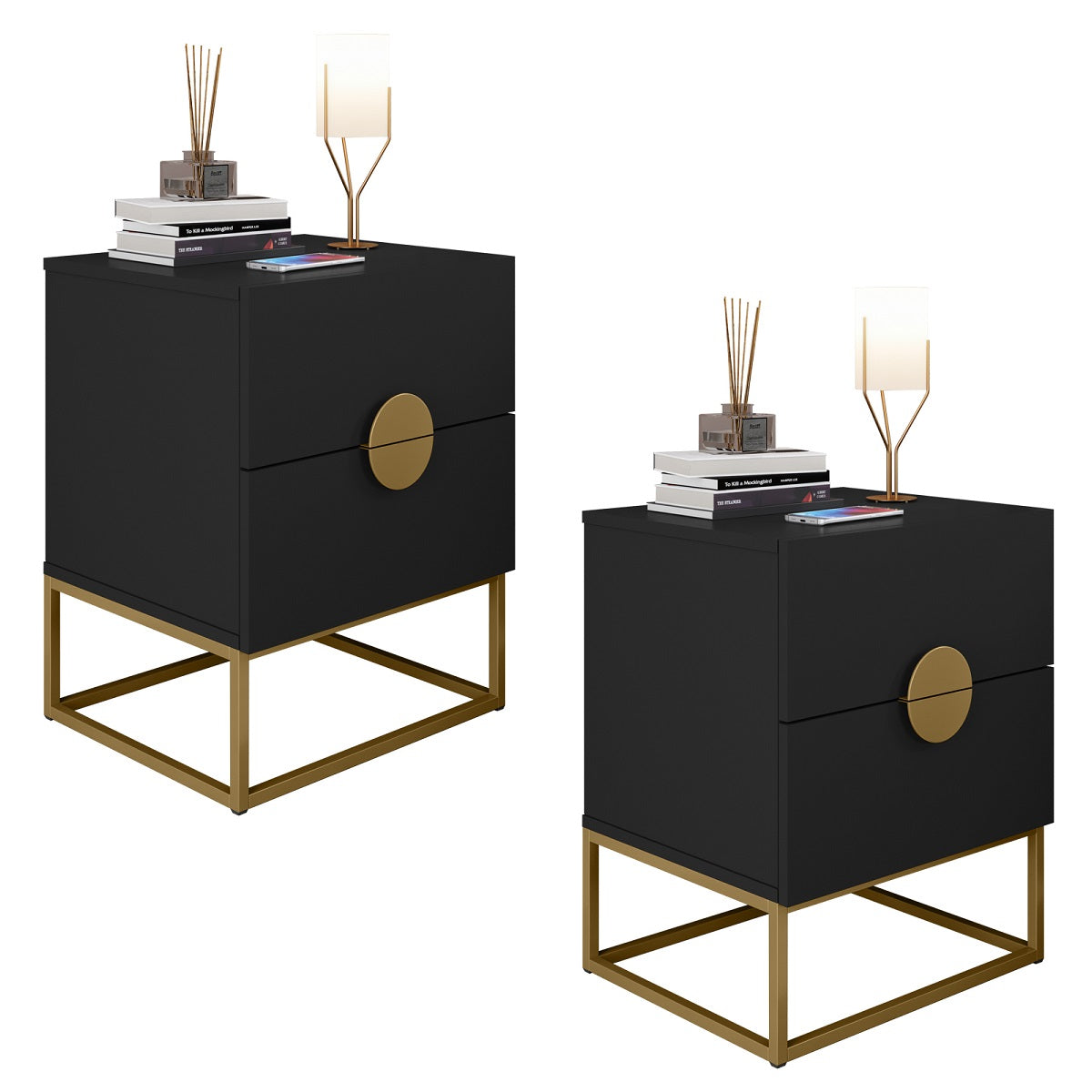 Kit 02 Mesas de Cabeceira Steel Luxo Base de Aço Puxador Lua 2 Gavetas Estilo Industrial - LH Móveis